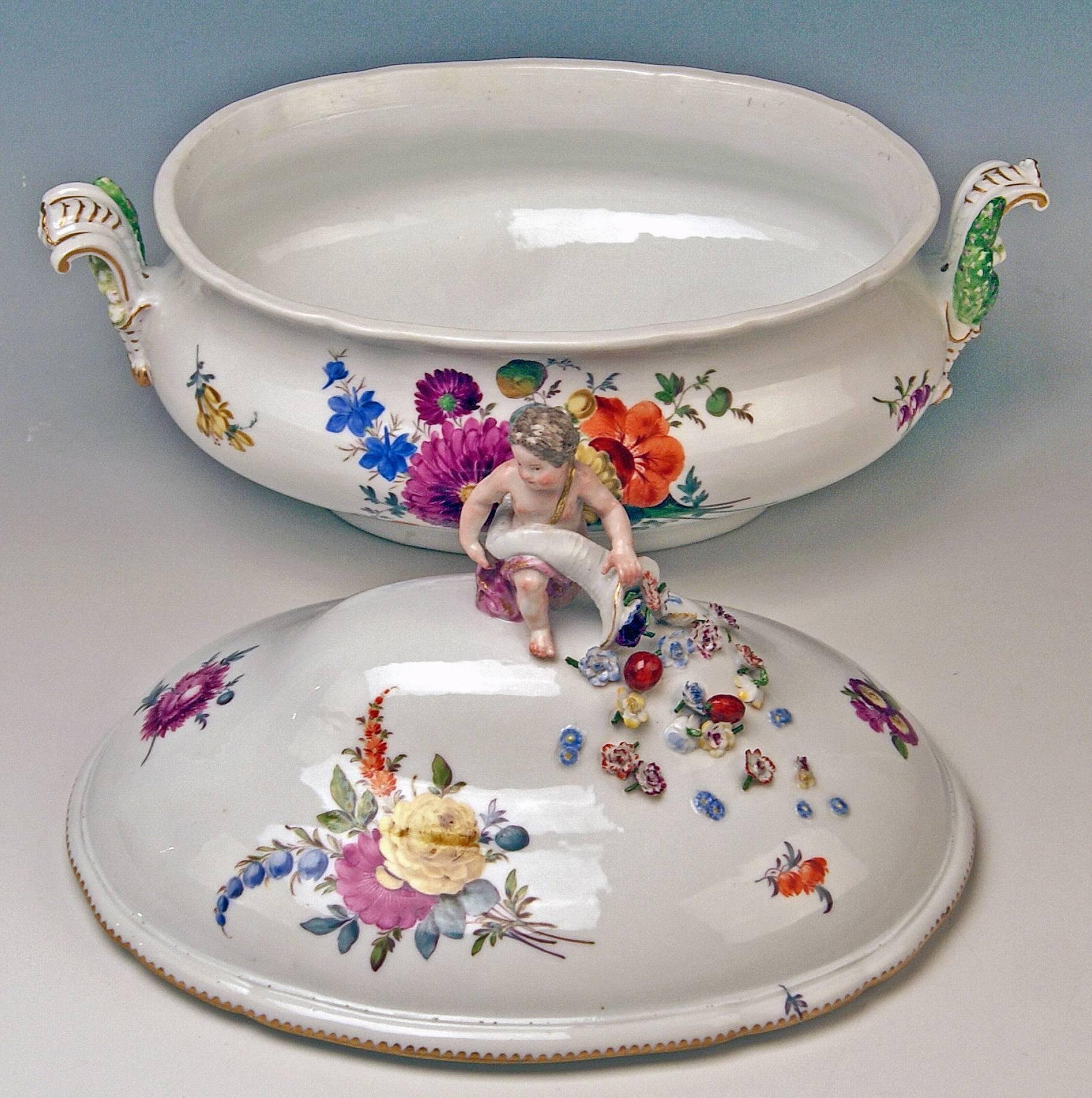 Porcelain Meissen Lidded Tureen Cherub Flowers Oval Platter Rococo Period Marcolini, 1780