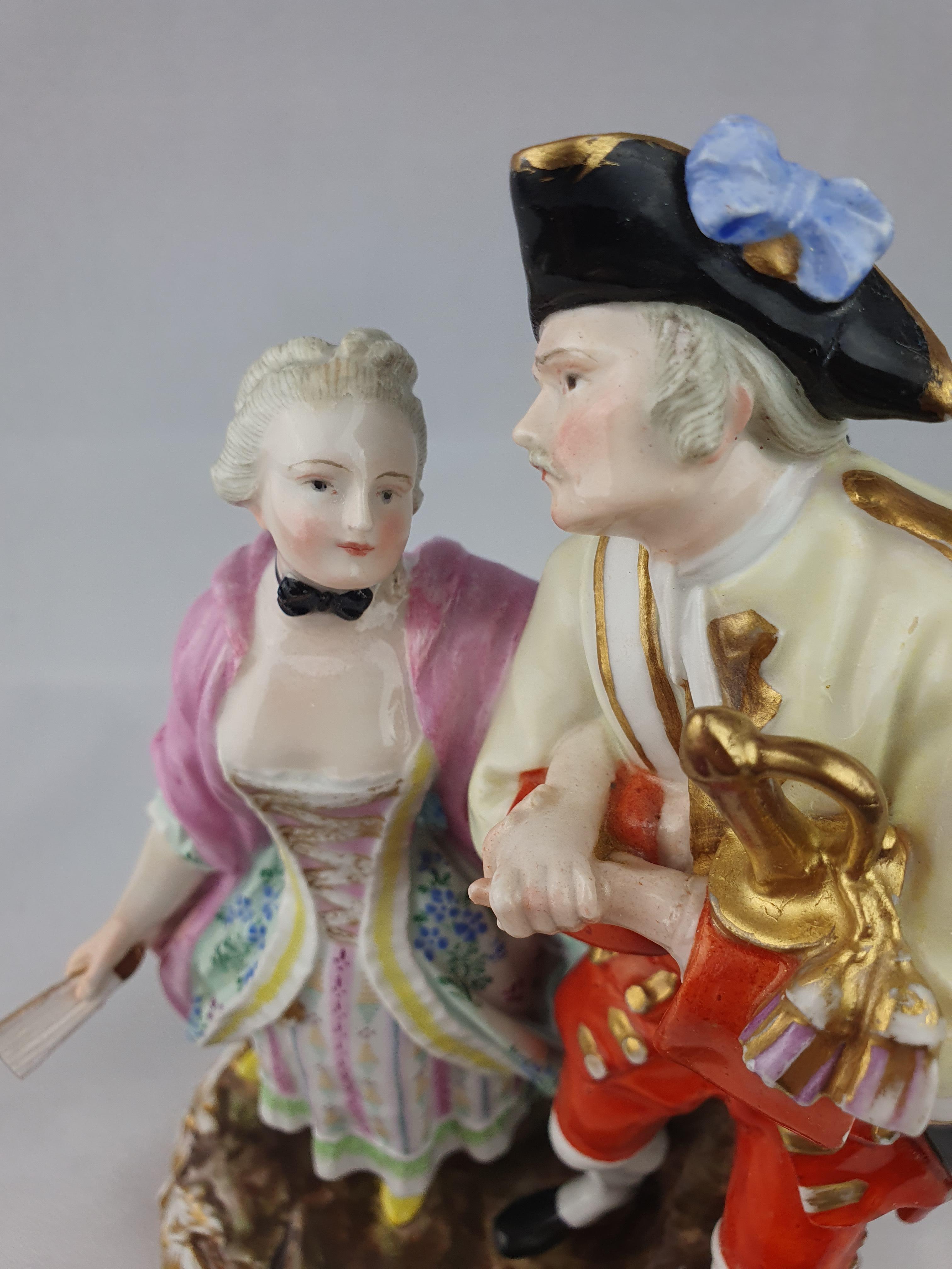 Hand-Painted Meissen Loving Group of Soldier and Companion For Sale