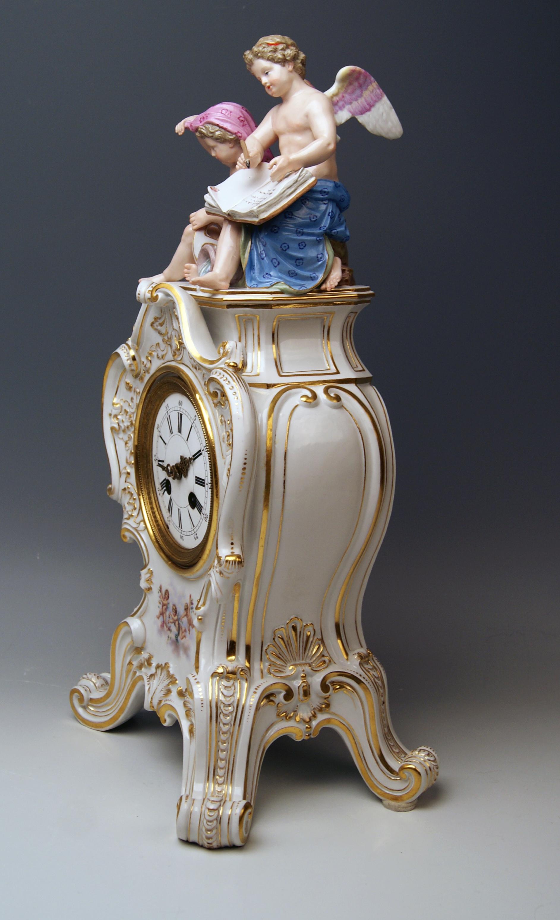 Meissen stunning table clock: Sculptured Figurines  =  Cherubs / Cupids on top piece   (Allegory of Water)
The details are excellently scupltured = finest modelling !

Hallmarked:
Meissen Blue Sword Mark with Pommels on Hilts  (glazed bottom)
Style: