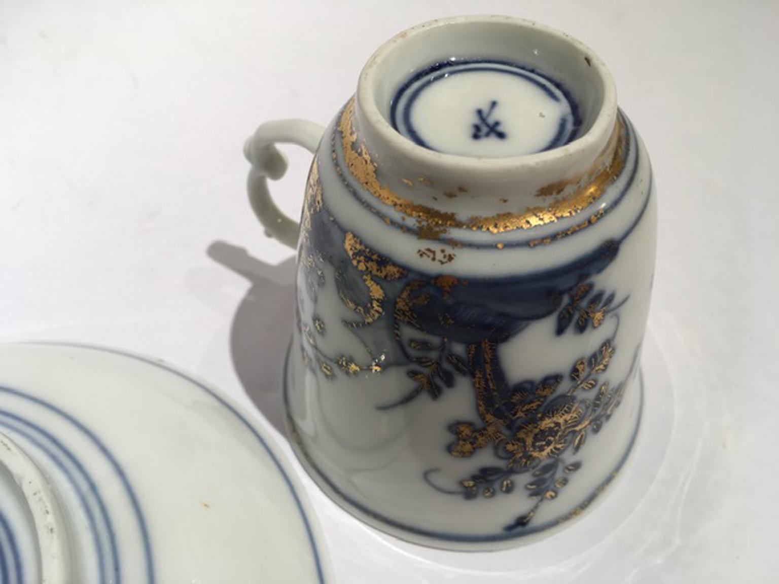 Meissen Mid-18th Century Porcelain Cup with Dish White Blue and Gold For Sale 6