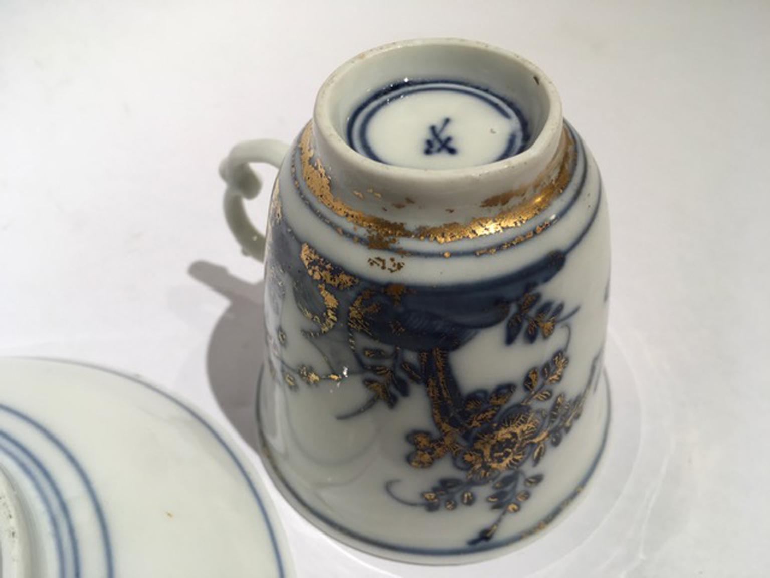 Meissen Mid-18th Century Porcelain Cup with Dish White Blue and Gold For Sale 6