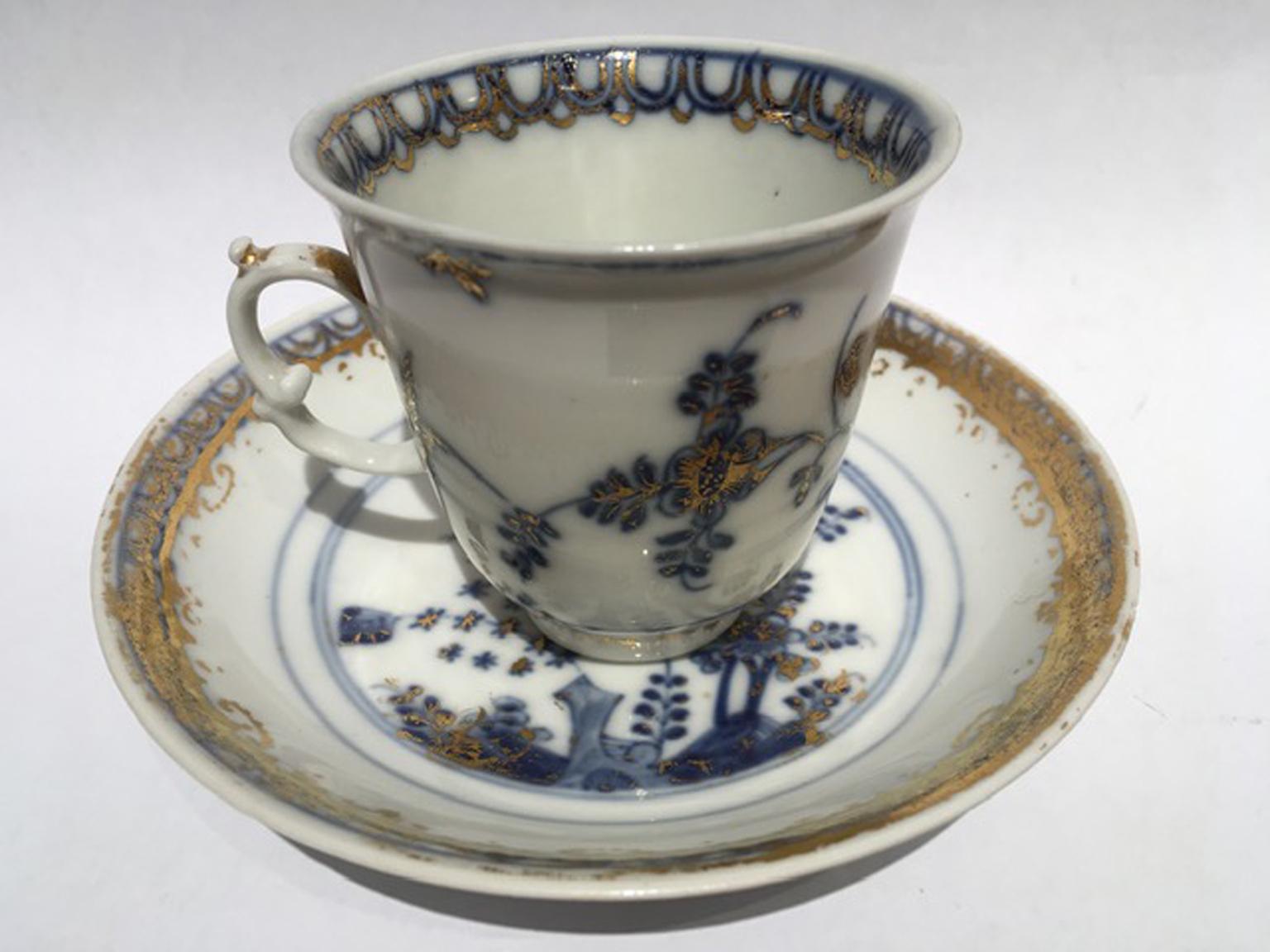 Baroque Meissen Mid-18th Century Porcelain Cup with Dish White Blue and Gold For Sale