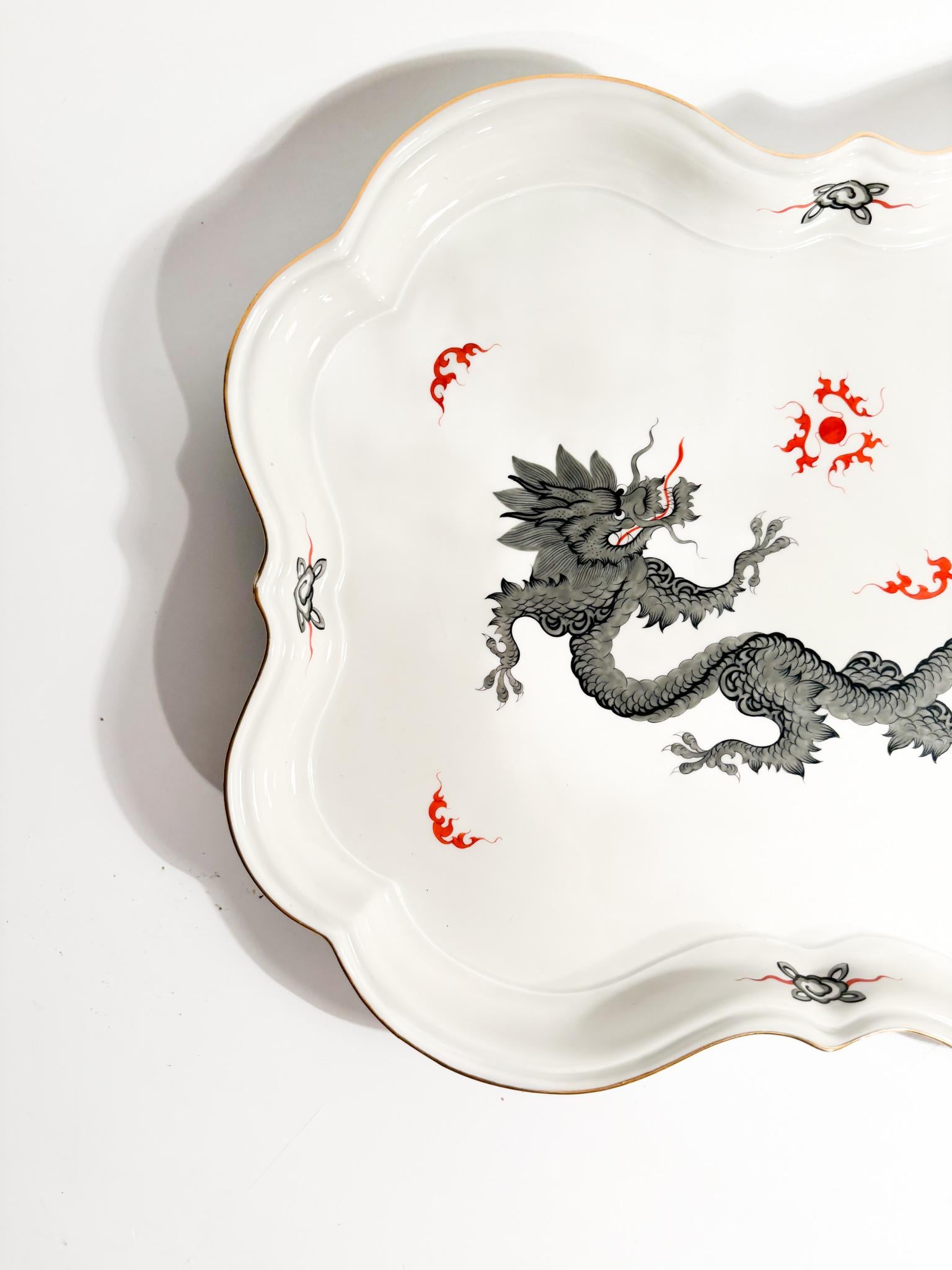 German Meissen Ming Dragon Black Porcelain Tray from the 1980s