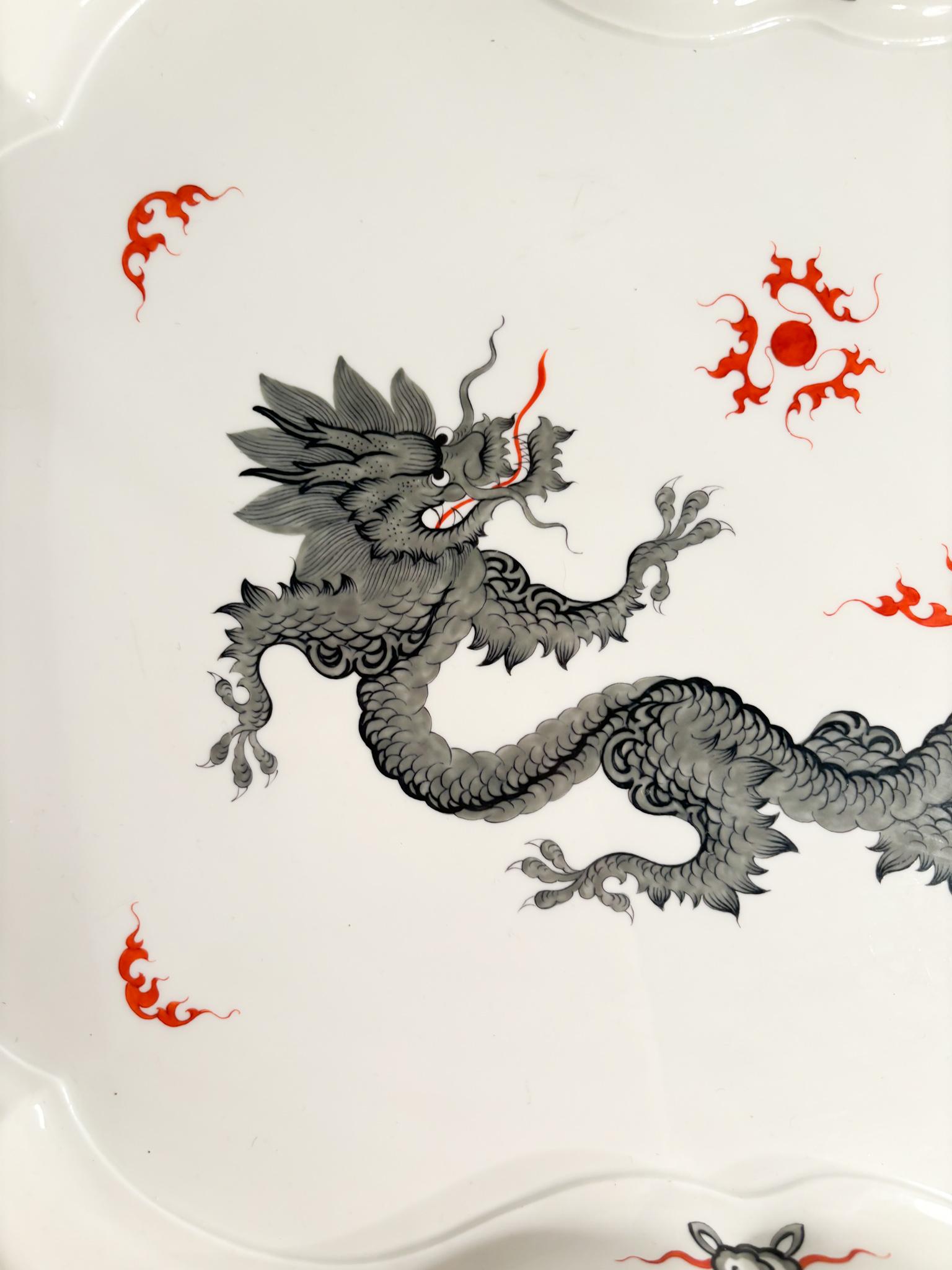 Late 20th Century Meissen Ming Dragon Black Porcelain Tray from the 1980s
