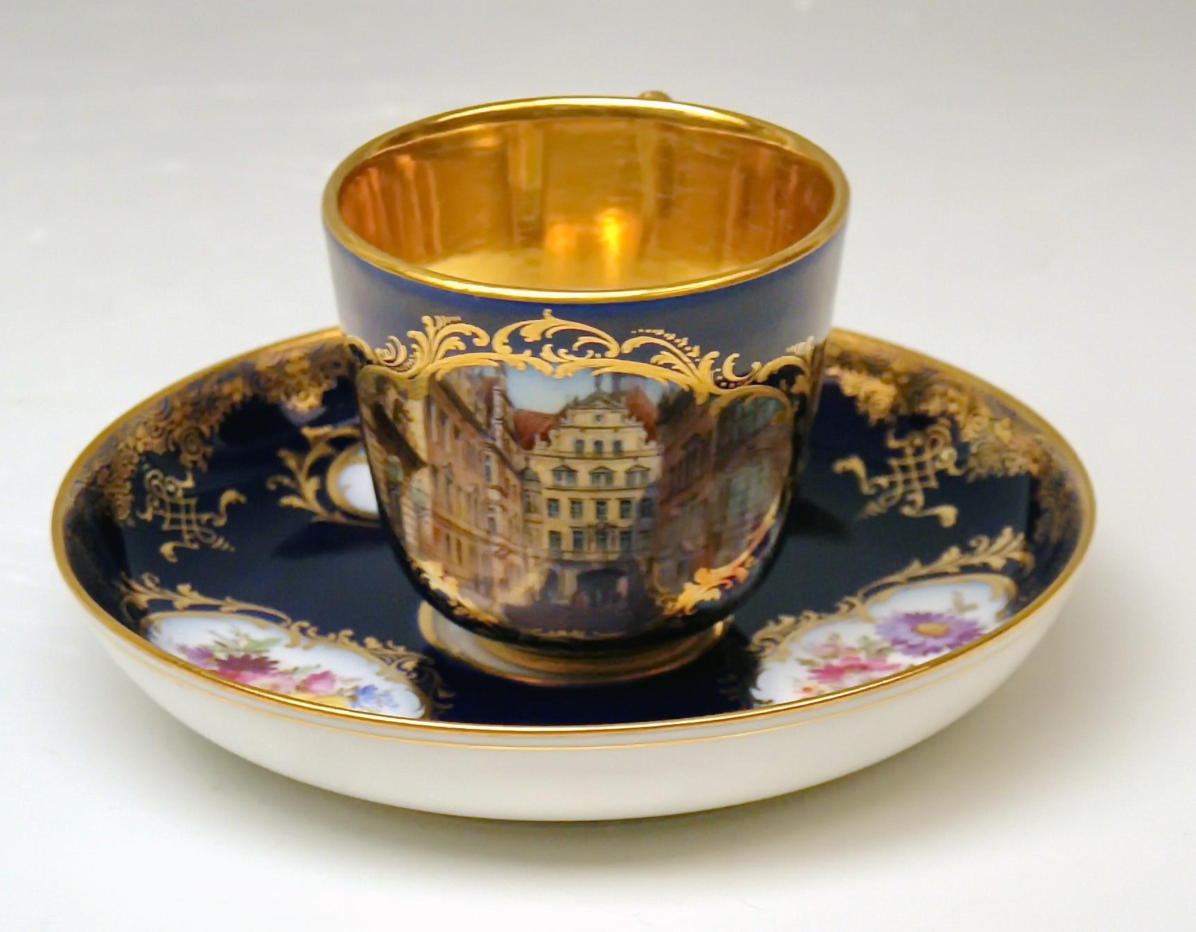 Rococo Meissen Mocha Cup Saucer City View Dresden Germany Flower Paintings c. 1870