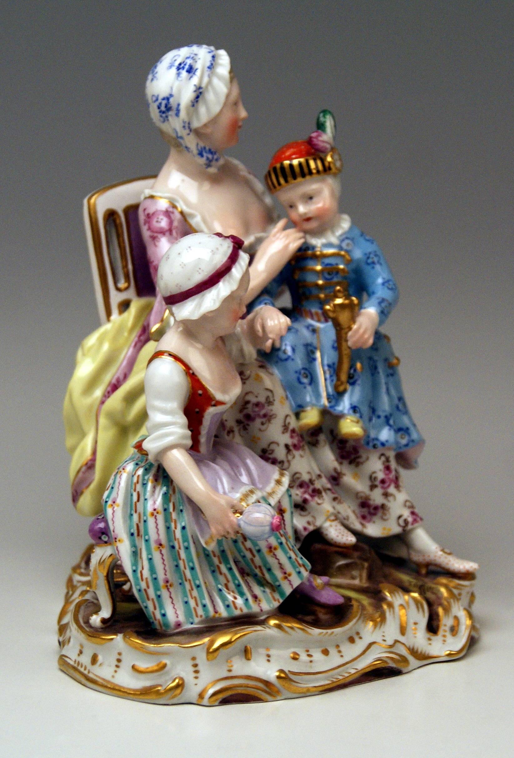Meissen most remarkable figurine group: mother with two children

Measures / dimensions:
Height: 6.89 inches / 17.5 cm 
Width: 5.90 inches / 15.0 cm 
Depth: 4.92 inches / 12.5 cm 

Manufactory: Meissen
Hallmarked: Blue Meissen Sword Mark