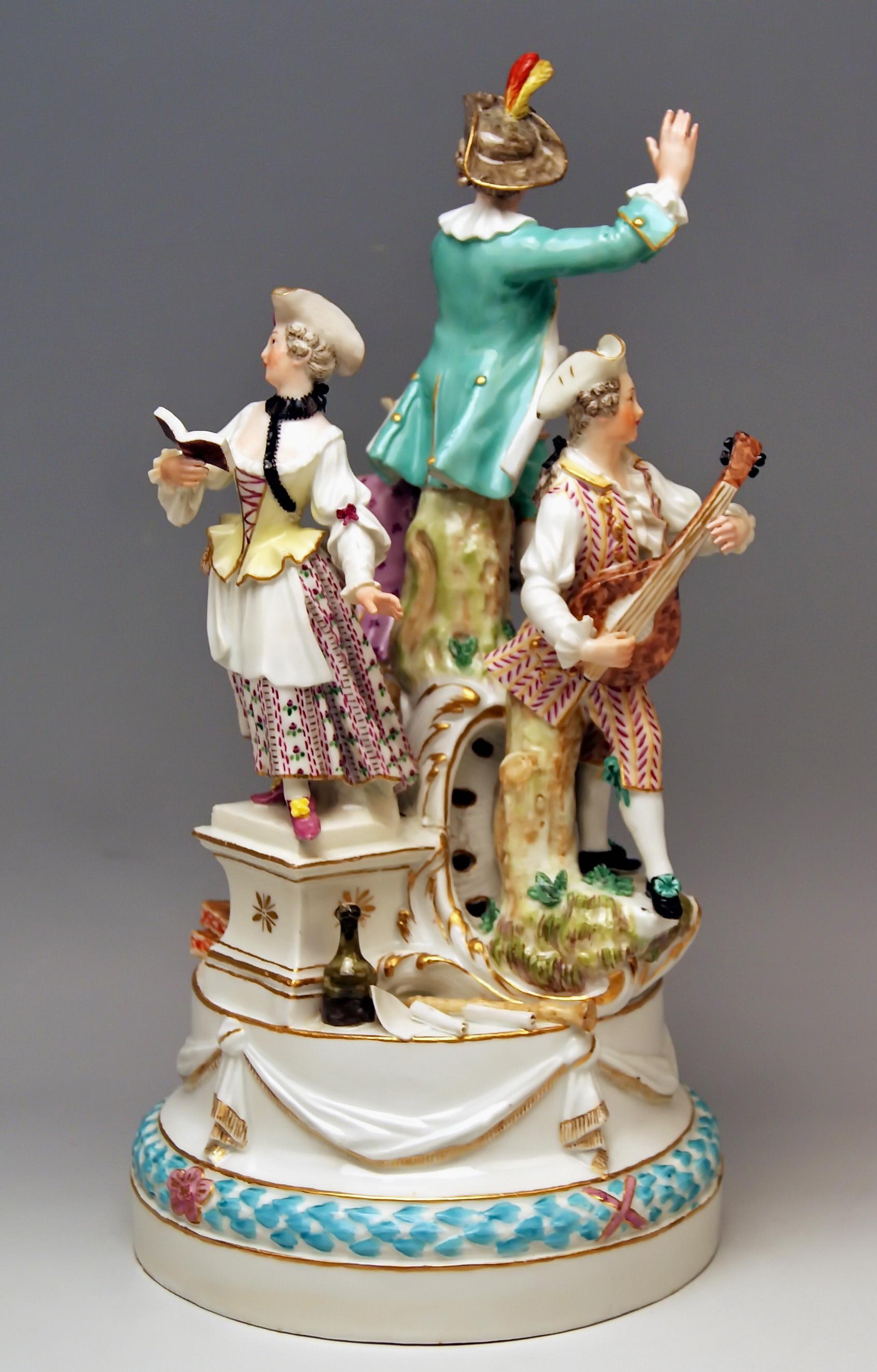 Meissen most lovely Figurines' group making music:
Made circa 1770 during Pre-Marcolini Period which means that it was manufactured before 1774 when the Meissen swords had a point at area below, between the hilts.

Size:
Height 11.81 inches (=