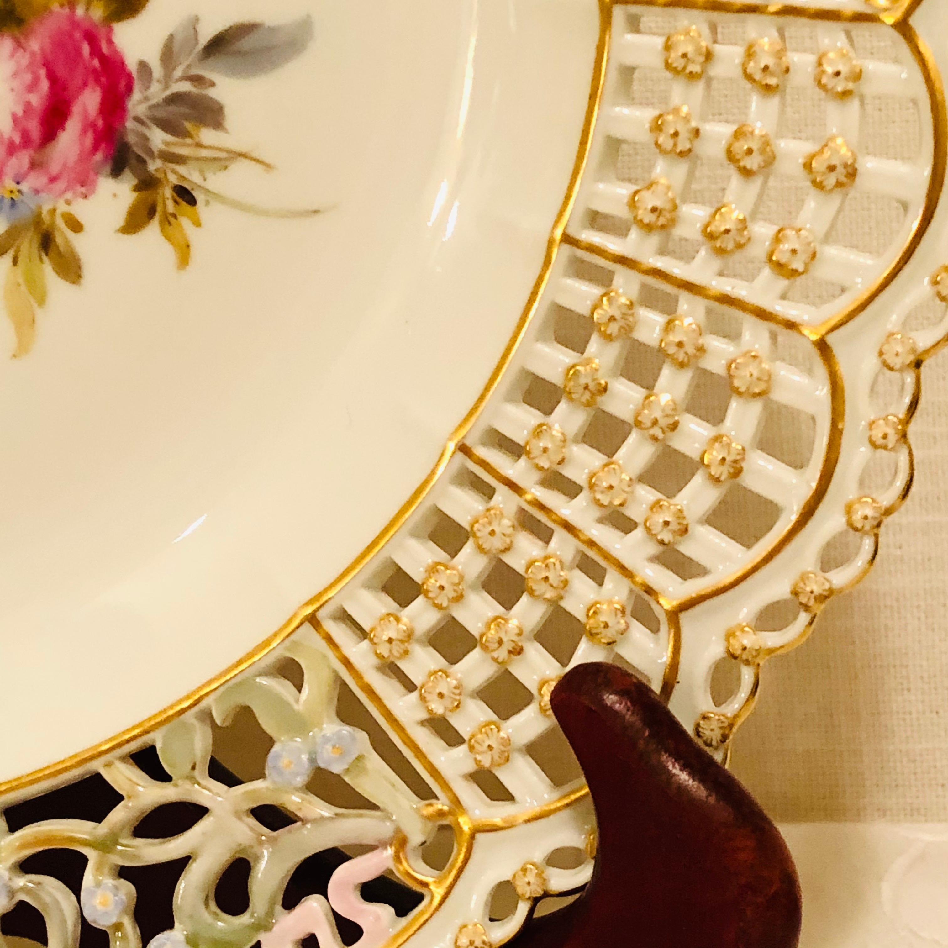 German Meissen Open Work Cabinet Plate Painted with a Bouquet and Raised Forget Me Nots