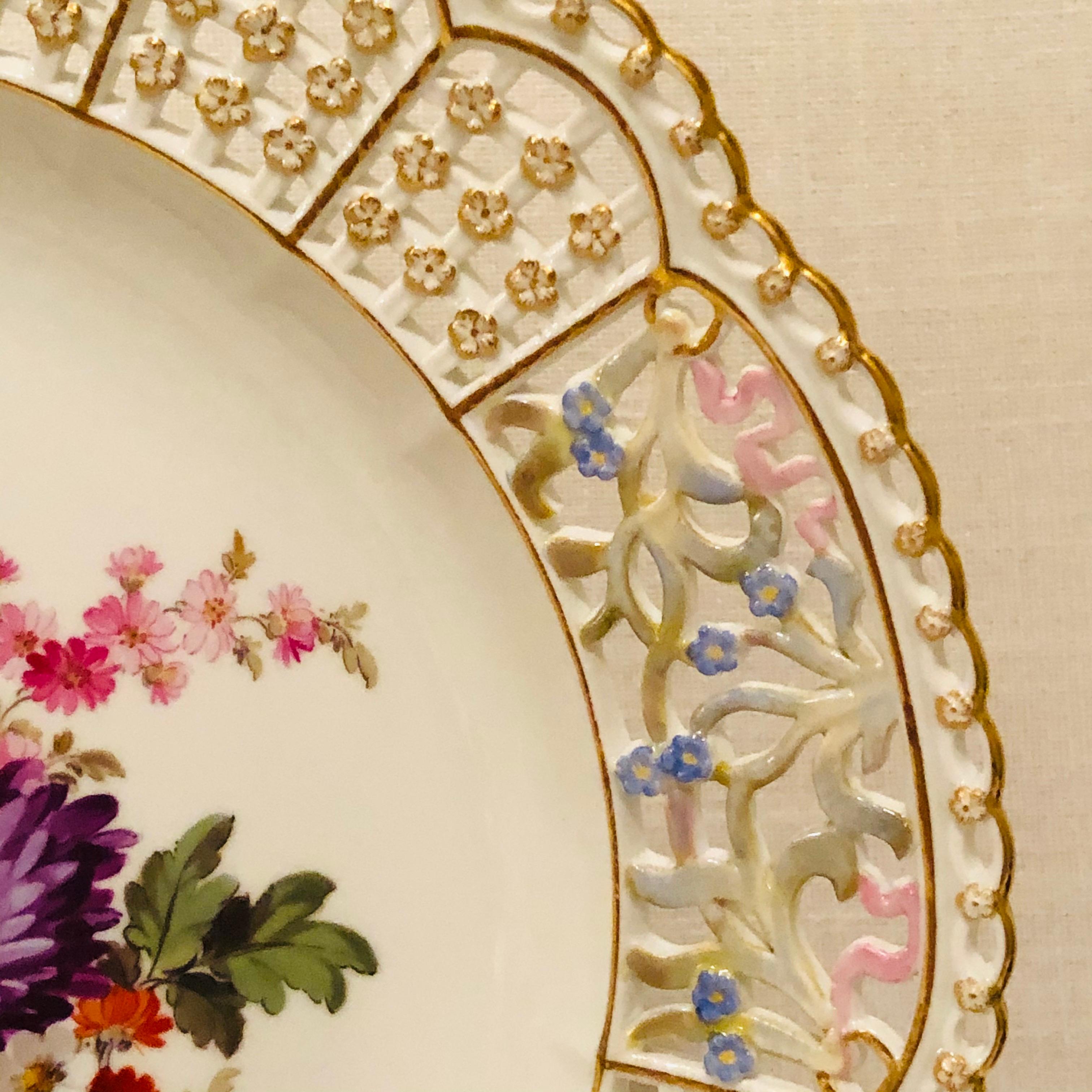German Meissen Open Work Cabinet Plate Painted with a Bouquet and Raised Forget Me Nots