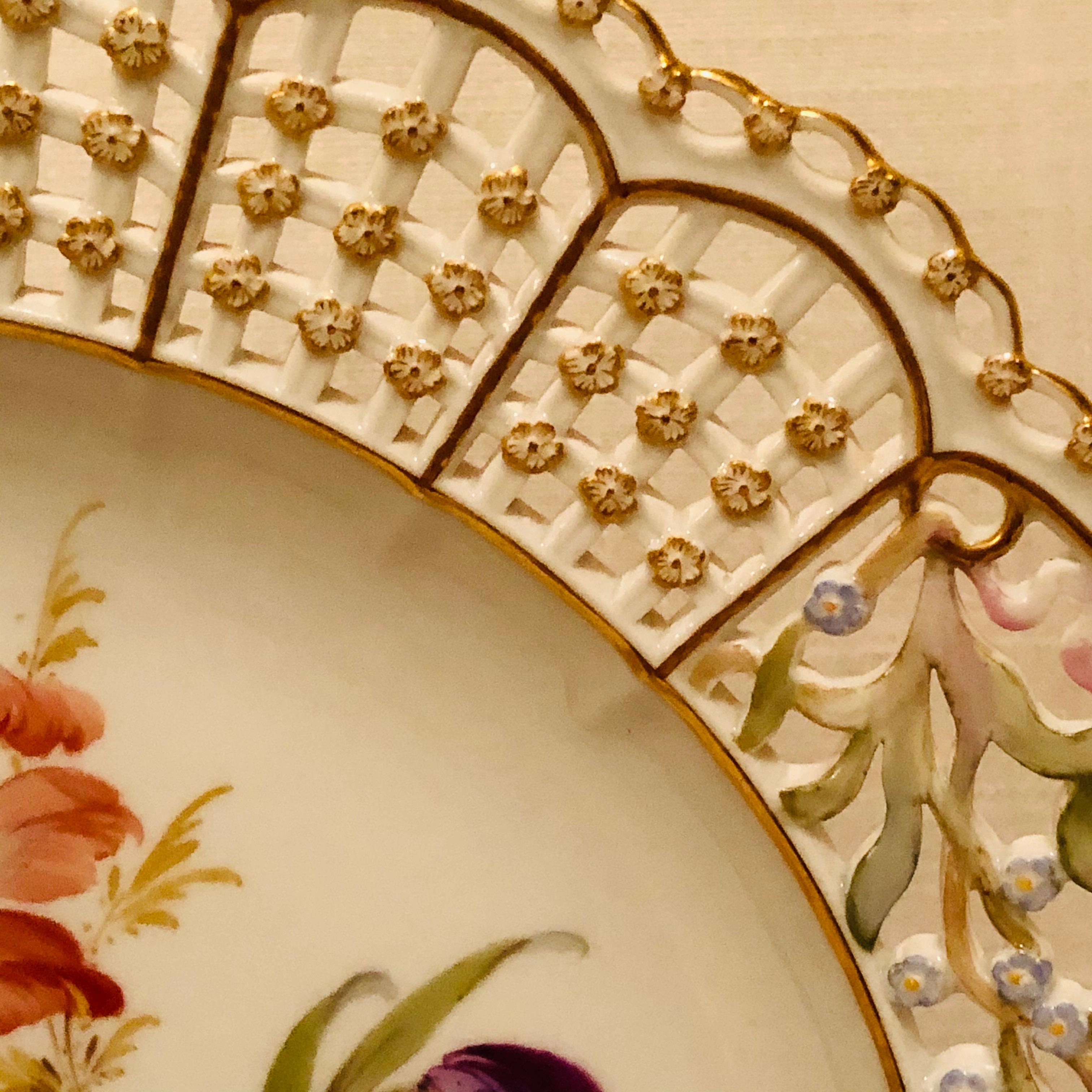 Hand-Painted Meissen Open Work Cabinet Plate Painted with a Bouquet and Raised Forget Me Nots