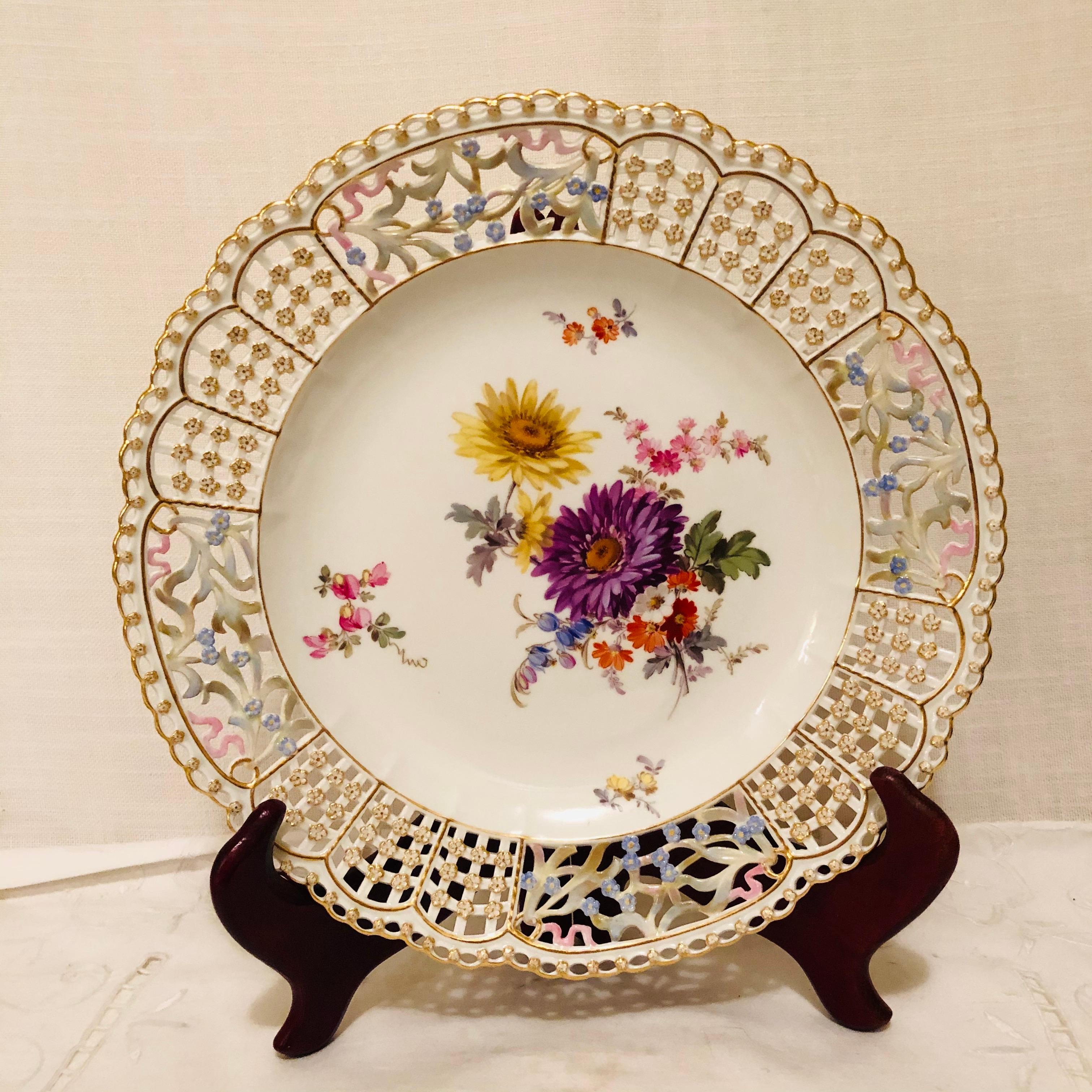 Hand-Painted Meissen Open Work Cabinet Plate Painted with a Bouquet and Raised Forget Me Nots