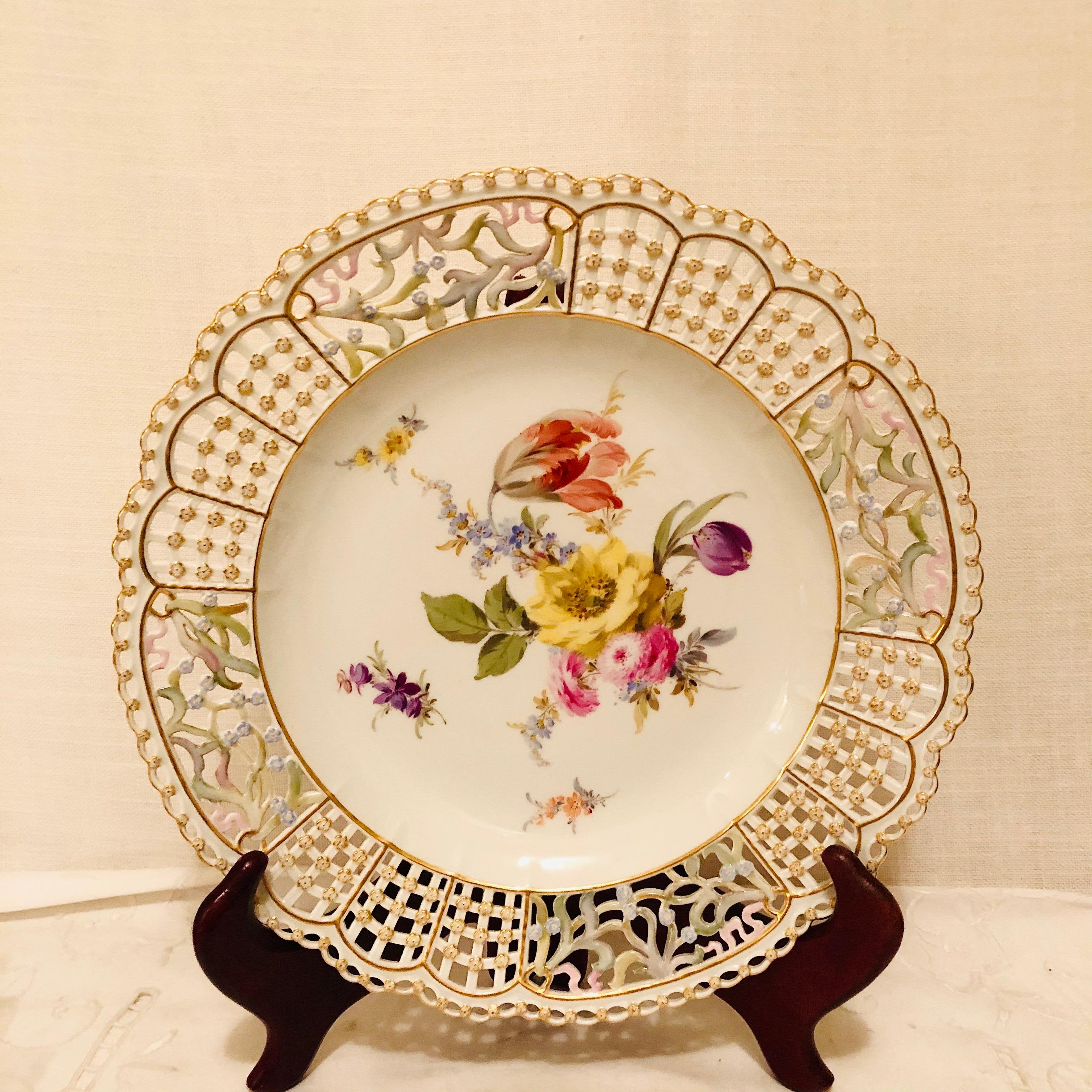 Late 19th Century Meissen Open Work Cabinet Plate Painted with a Bouquet and Raised Forget Me Nots