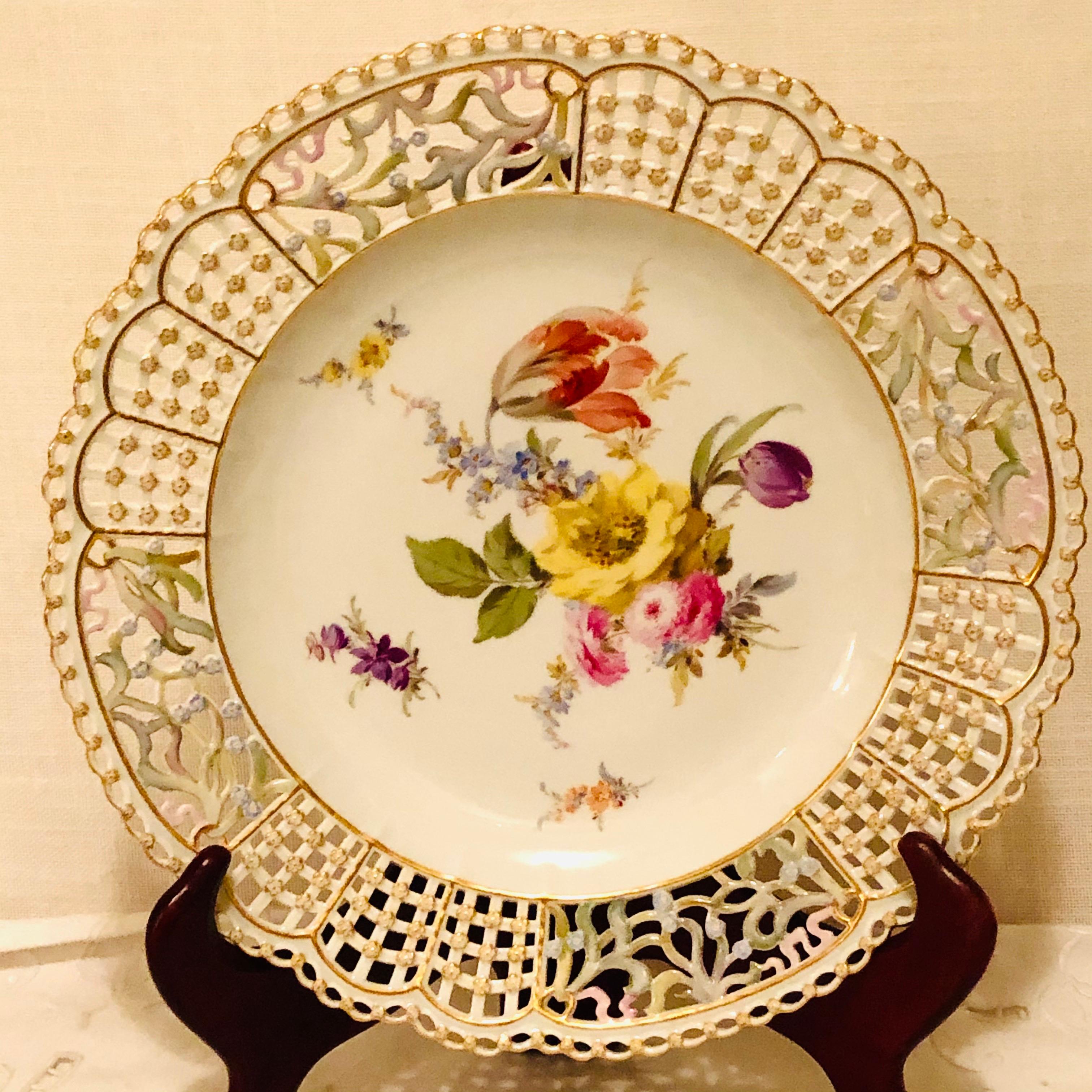 Porcelain Meissen Open Work Cabinet Plate Painted with a Bouquet and Raised Forget Me Nots