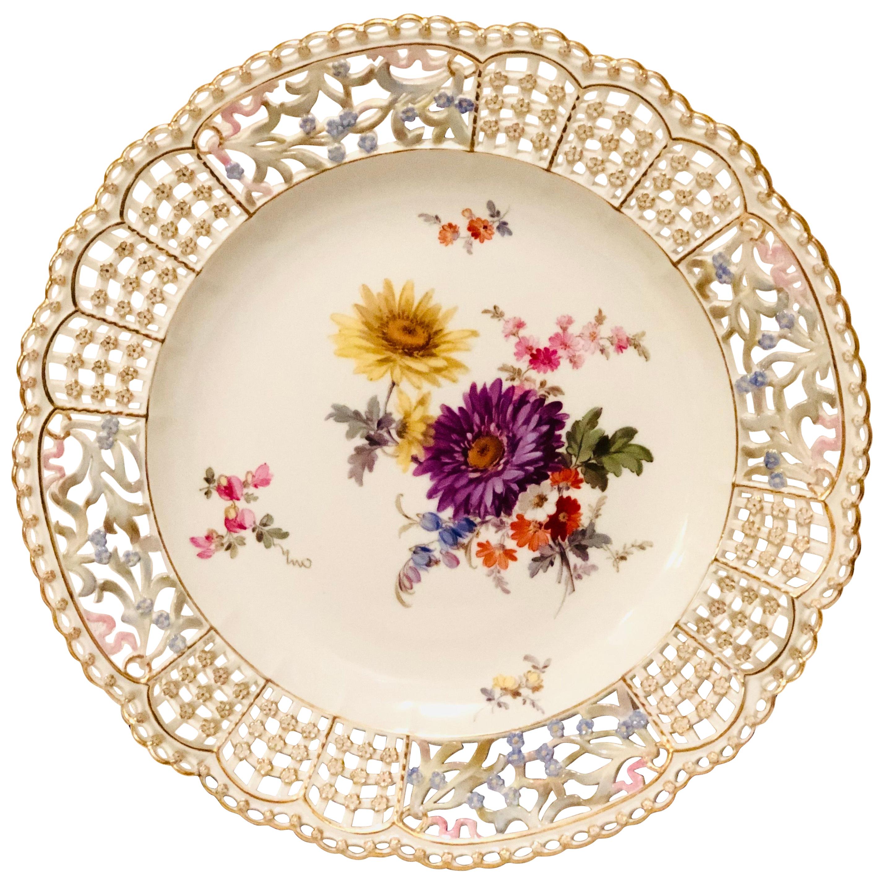 Meissen Open Work Cabinet Plate Painted with a Bouquet and Raised Forget Me Nots