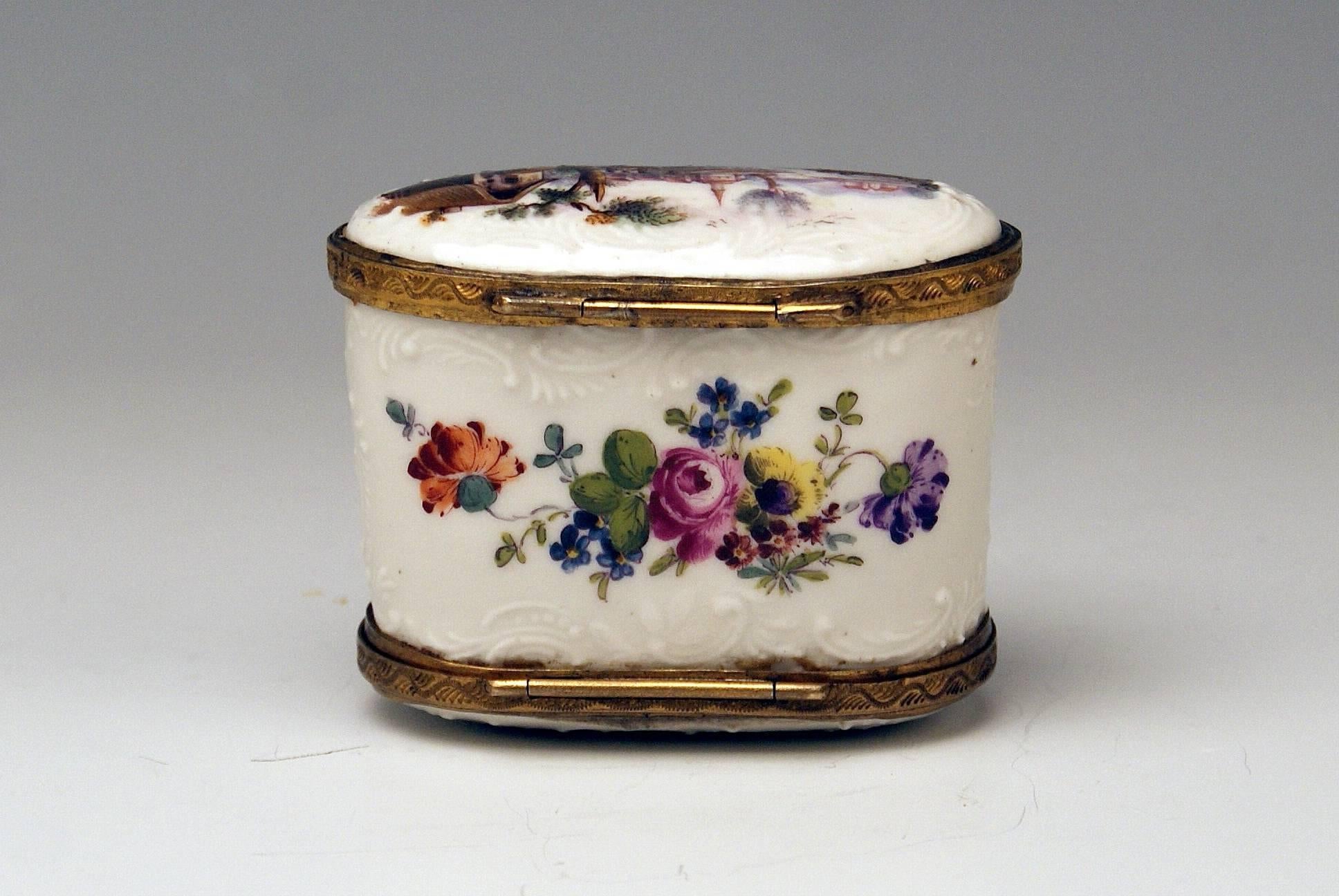 German Meissen Painted Dual Lidded Rococo Box Relief Decoration Brass Mountings, 1750 For Sale