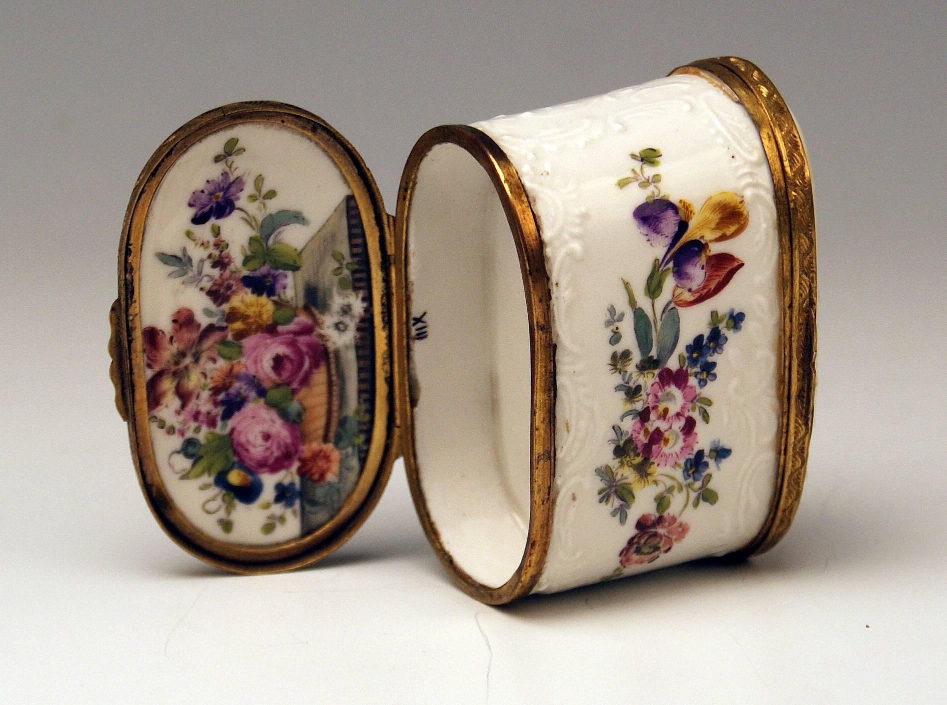 German Meissen Painted Dual Lidded Rococo Box Relief Decoration Brass Mountings, 1750 For Sale