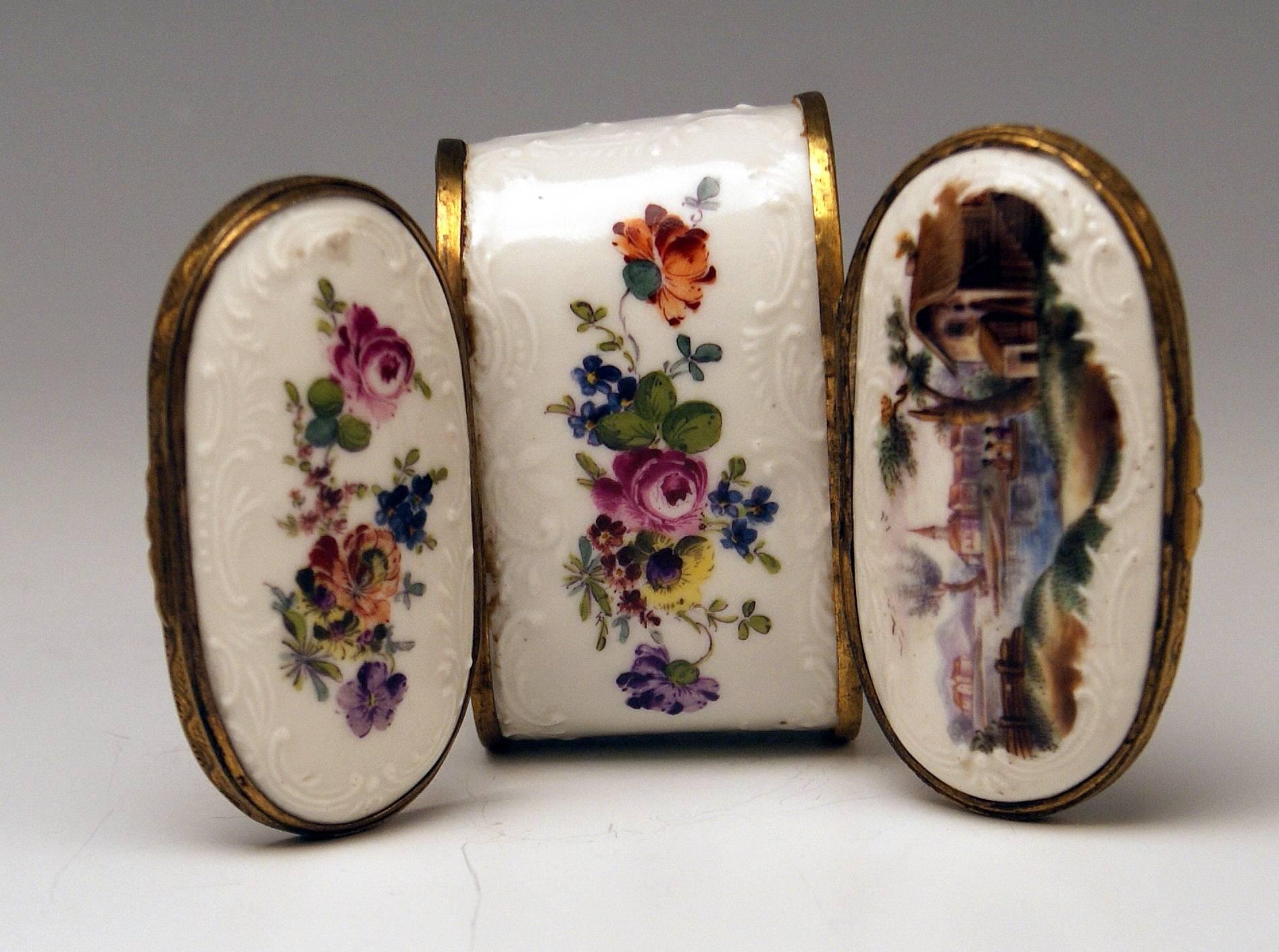 Mid-18th Century Meissen Painted Dual Lidded Rococo Box Relief Decoration Brass Mountings, 1750 For Sale