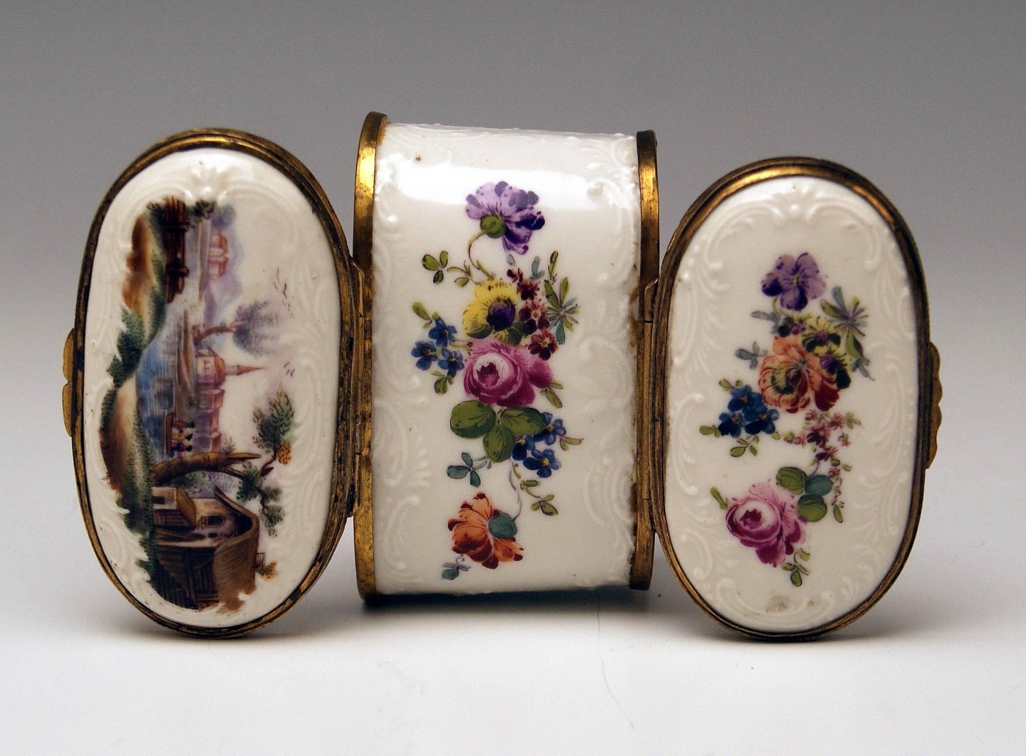 Meissen Painted Dual Lidded Rococo Box Relief Decoration Brass Mountings, 1750 For Sale 1
