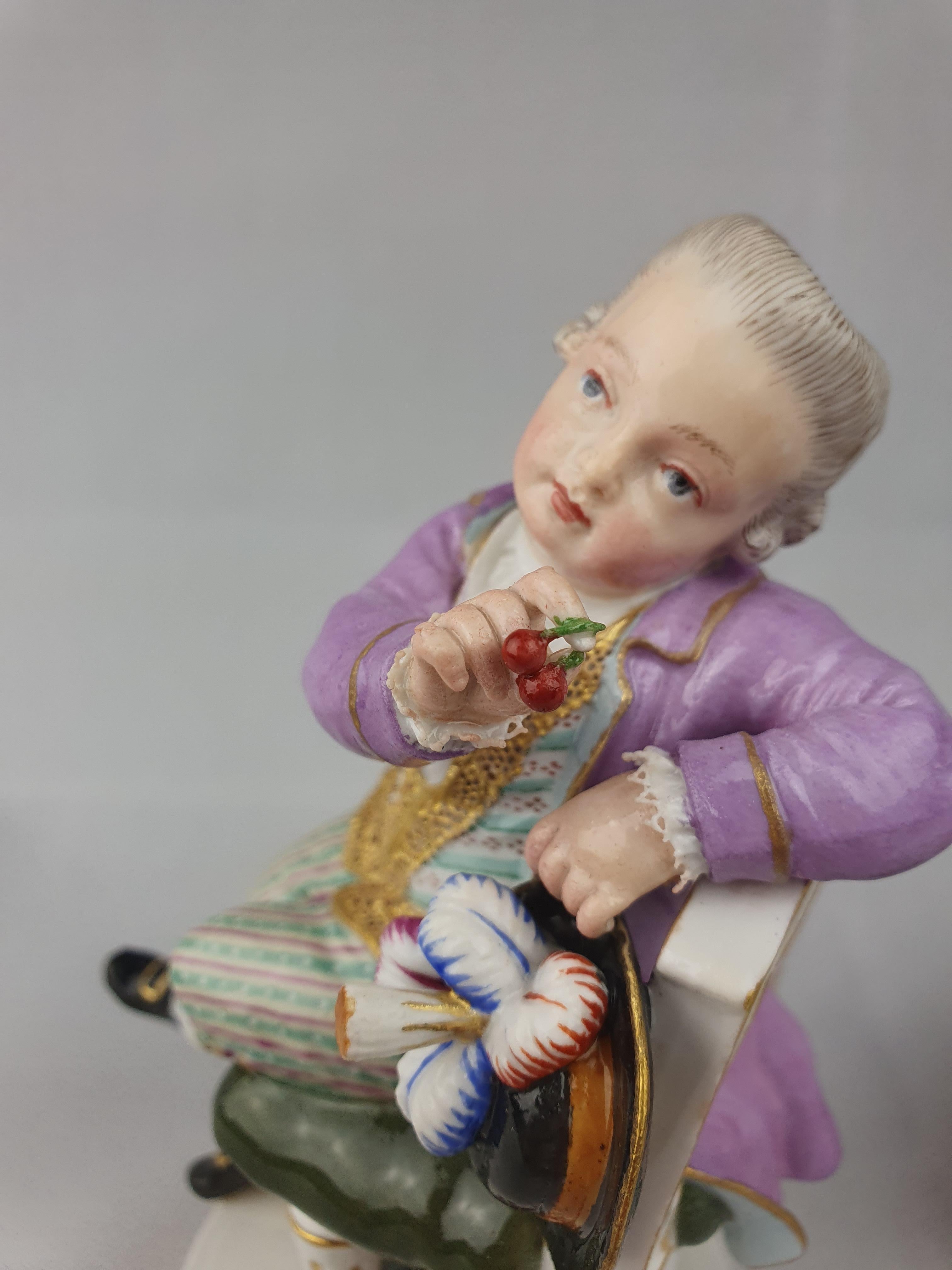 Hand-Painted Meissen Pair Boy with Cherries Girl Holding Book For Sale