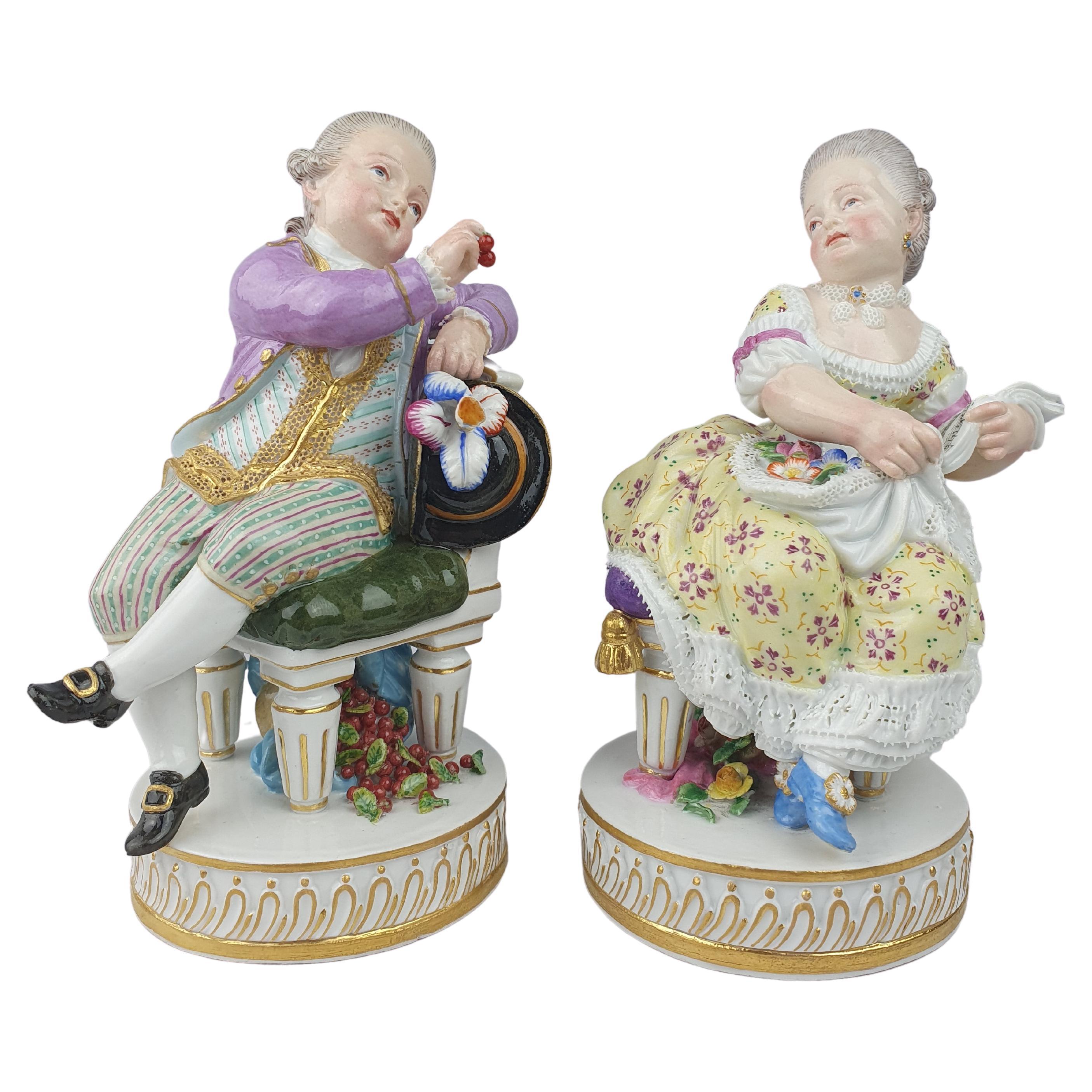 Meissen Pair Boy with Cherries Girl Holding Book For Sale