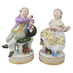 Antique Meissen Pair Boy with Cherries Girl Holding Book