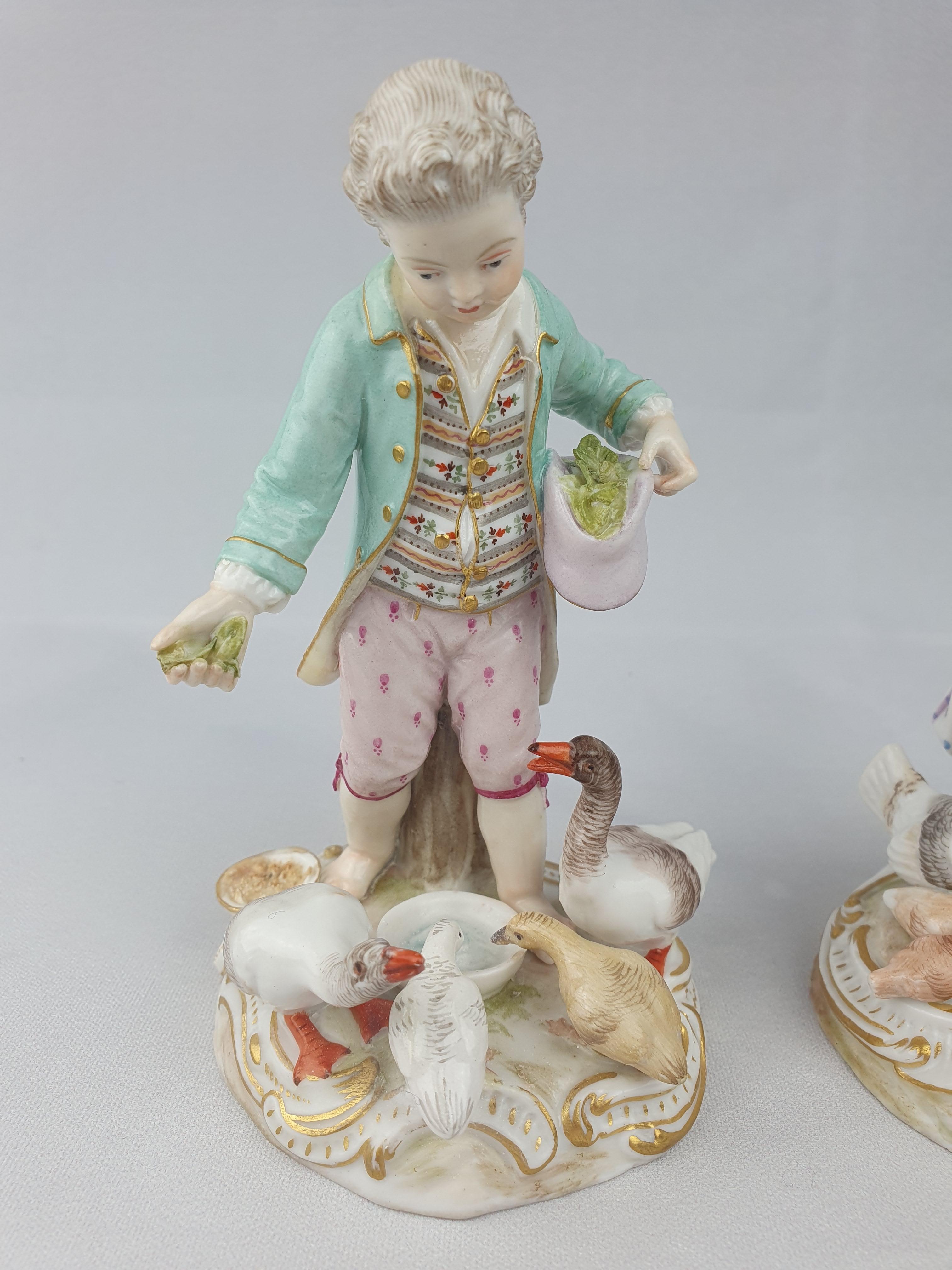 German Meissen Pair Girl and Boy Feeding Chickens and Geese For Sale