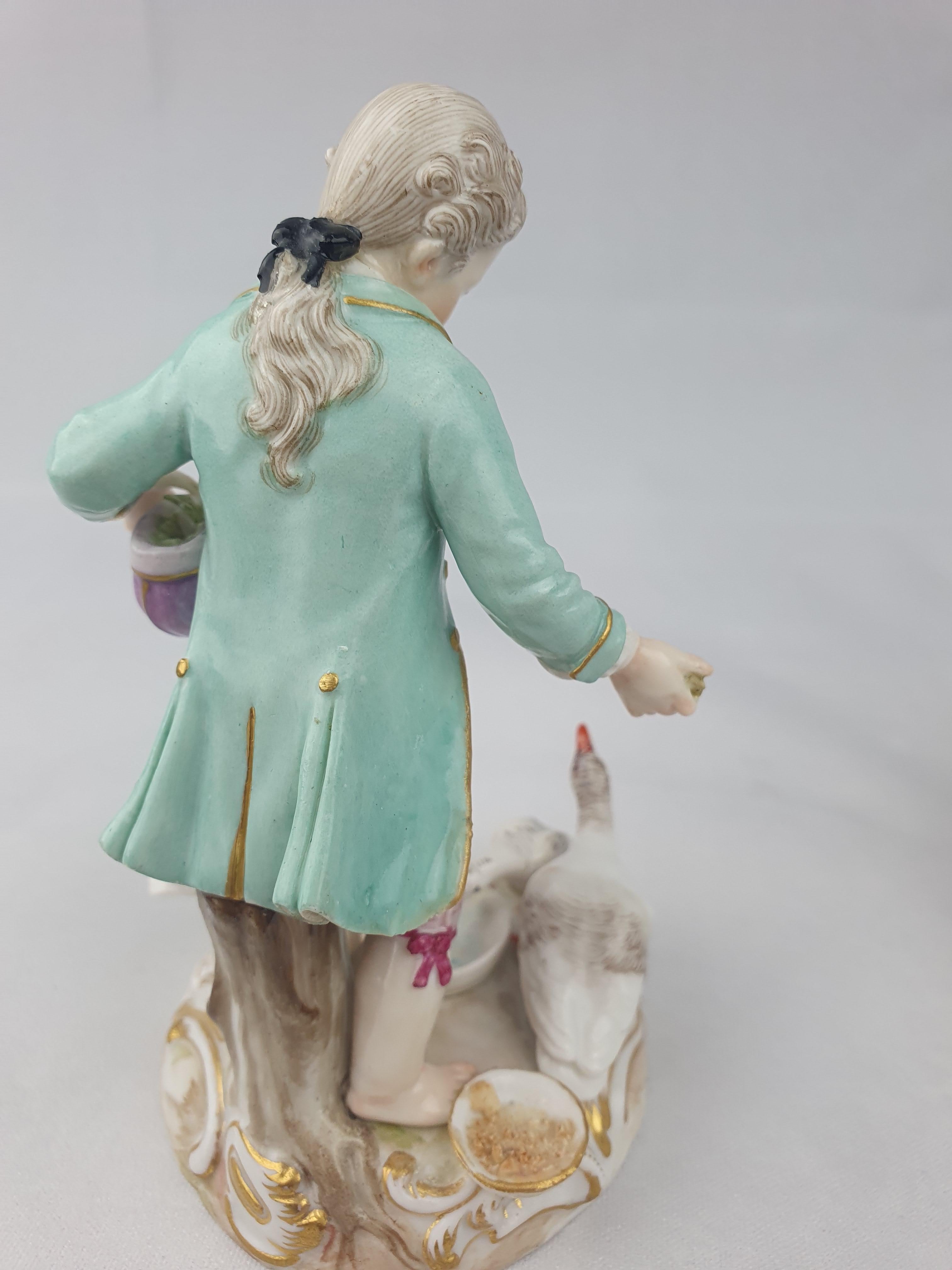 Hand-Painted Meissen Pair Girl and Boy Feeding Chickens and Geese For Sale