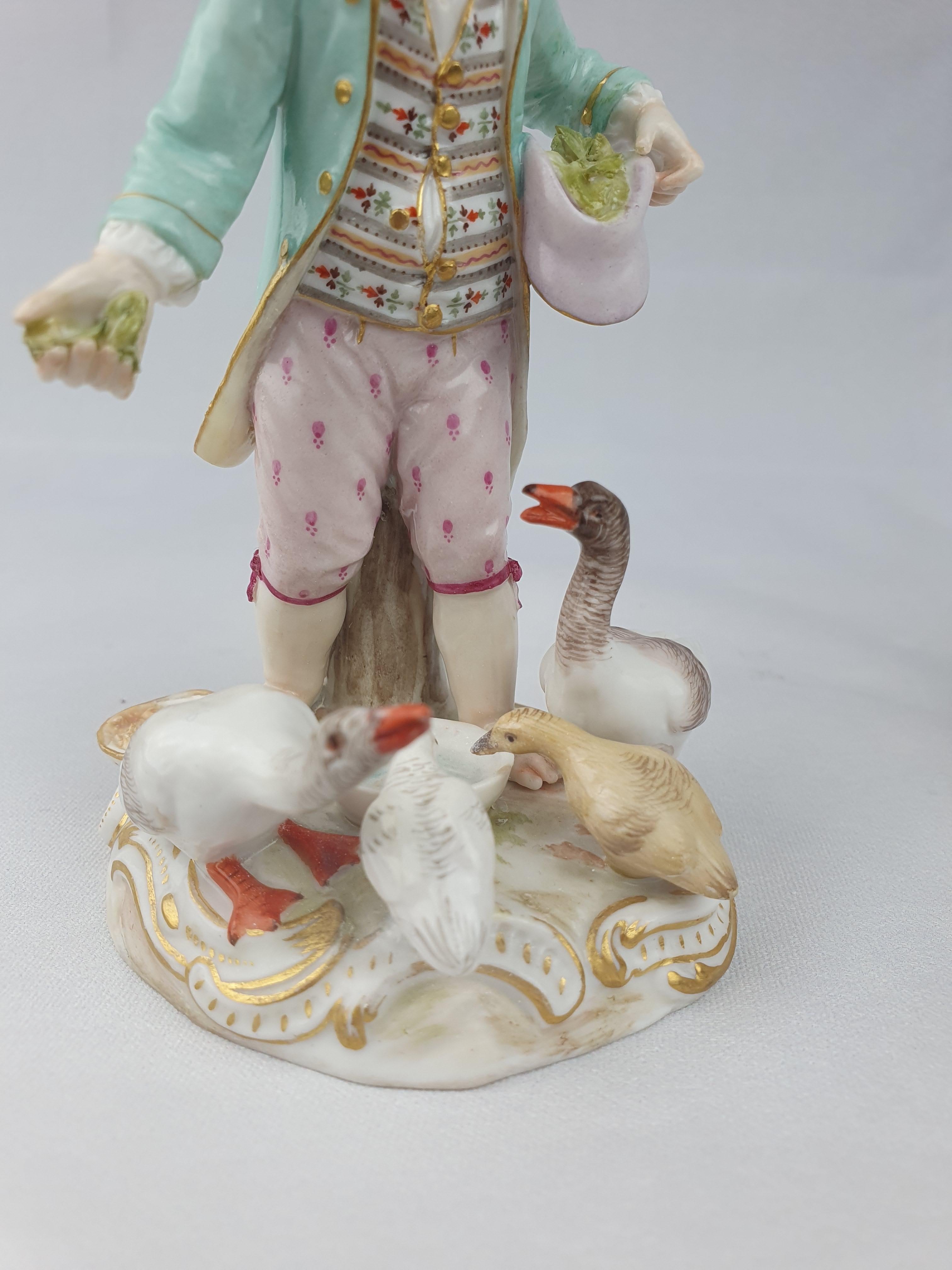19th Century Meissen Pair Girl and Boy Feeding Chickens and Geese For Sale
