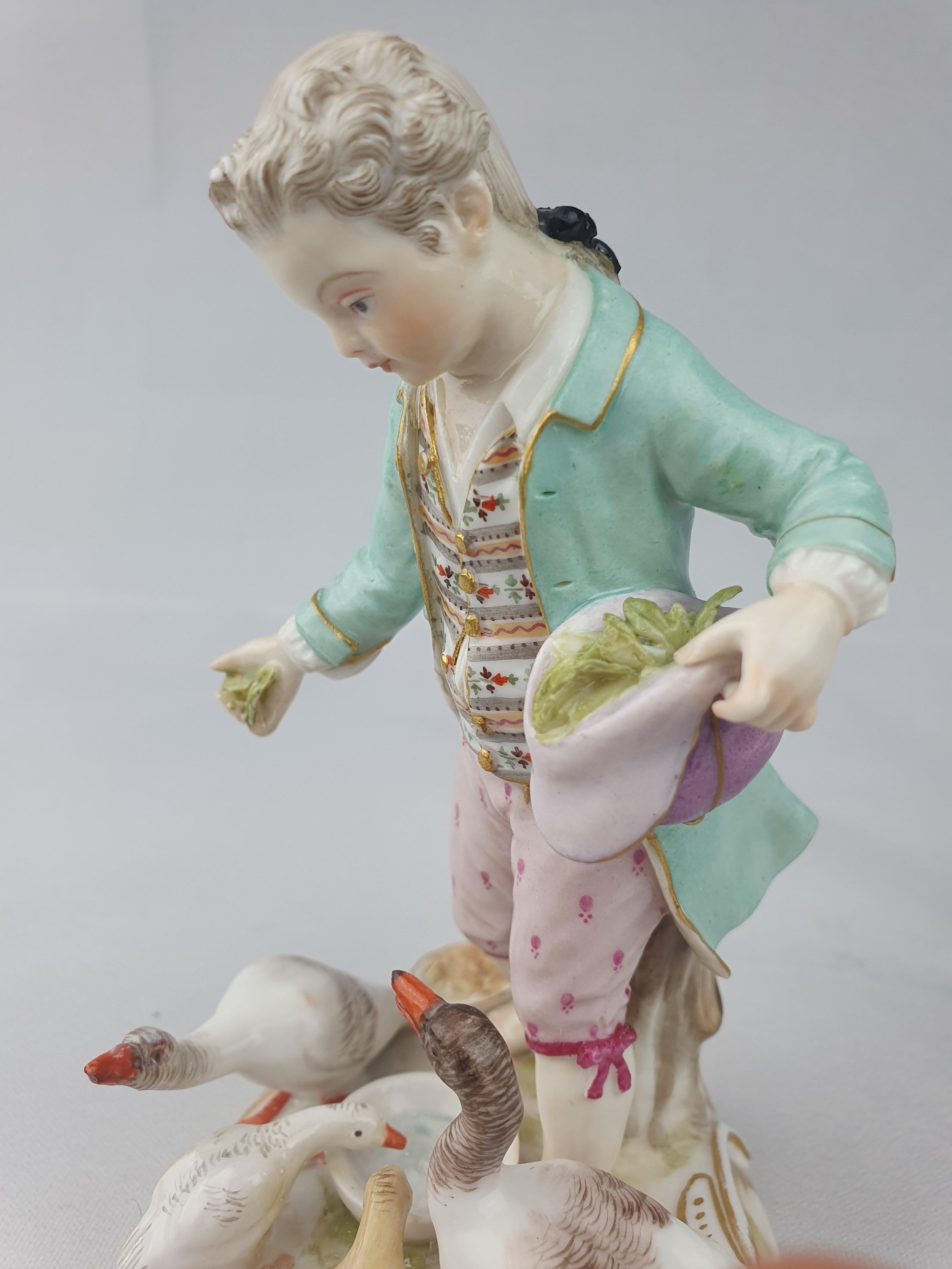 Porcelain Meissen Pair Girl and Boy Feeding Chickens and Geese For Sale