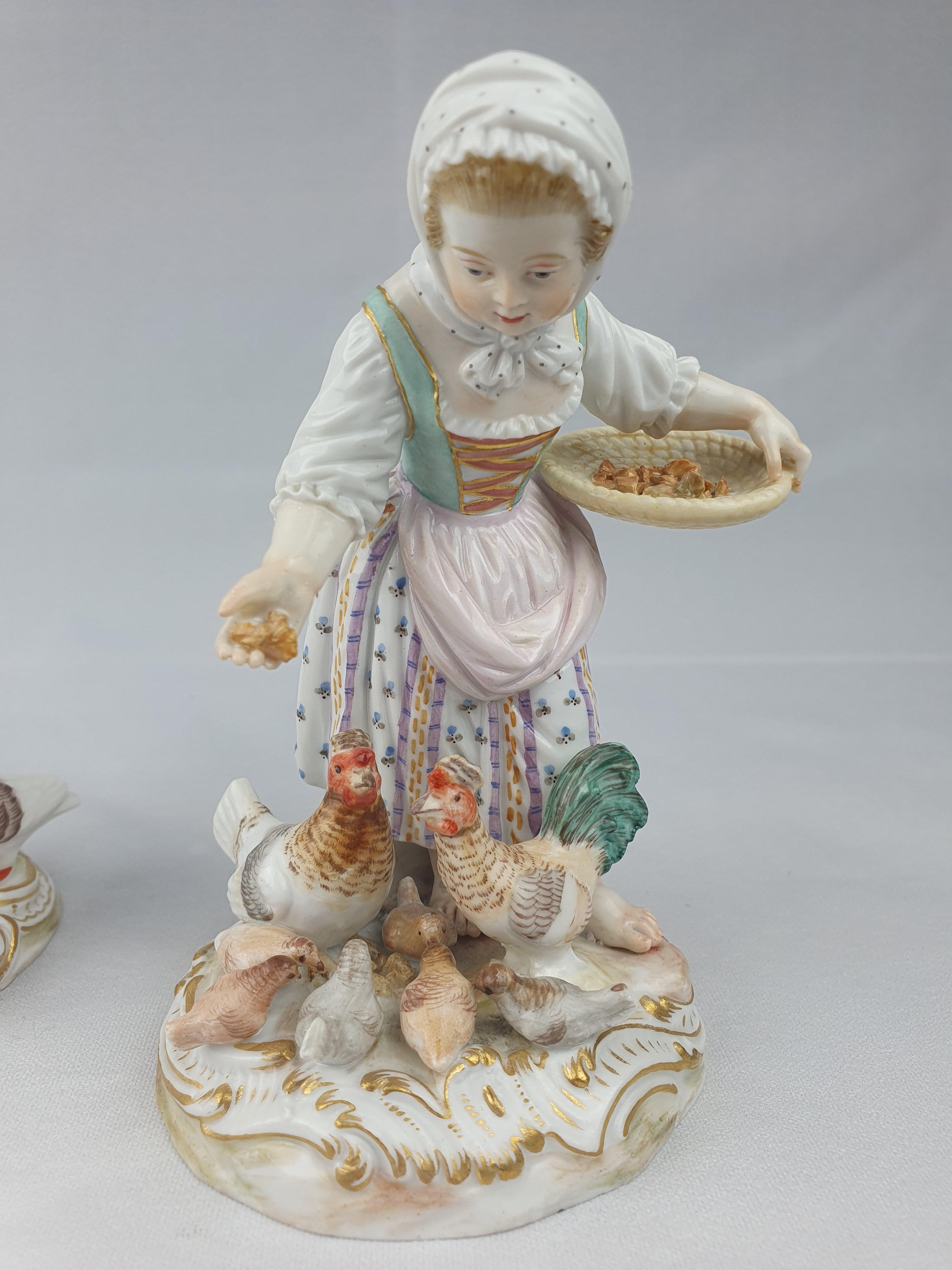 Meissen Pair Girl and Boy Feeding Chickens and Geese For Sale 1