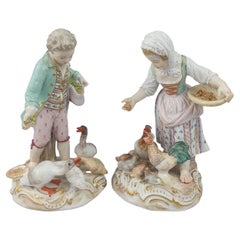 Antique Meissen Pair Girl and Boy Feeding Chickens and Geese