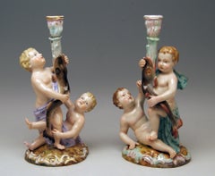 Meissen Pair of Candlesticks Cherubs Dolphins Kaendler Models 1145 1146