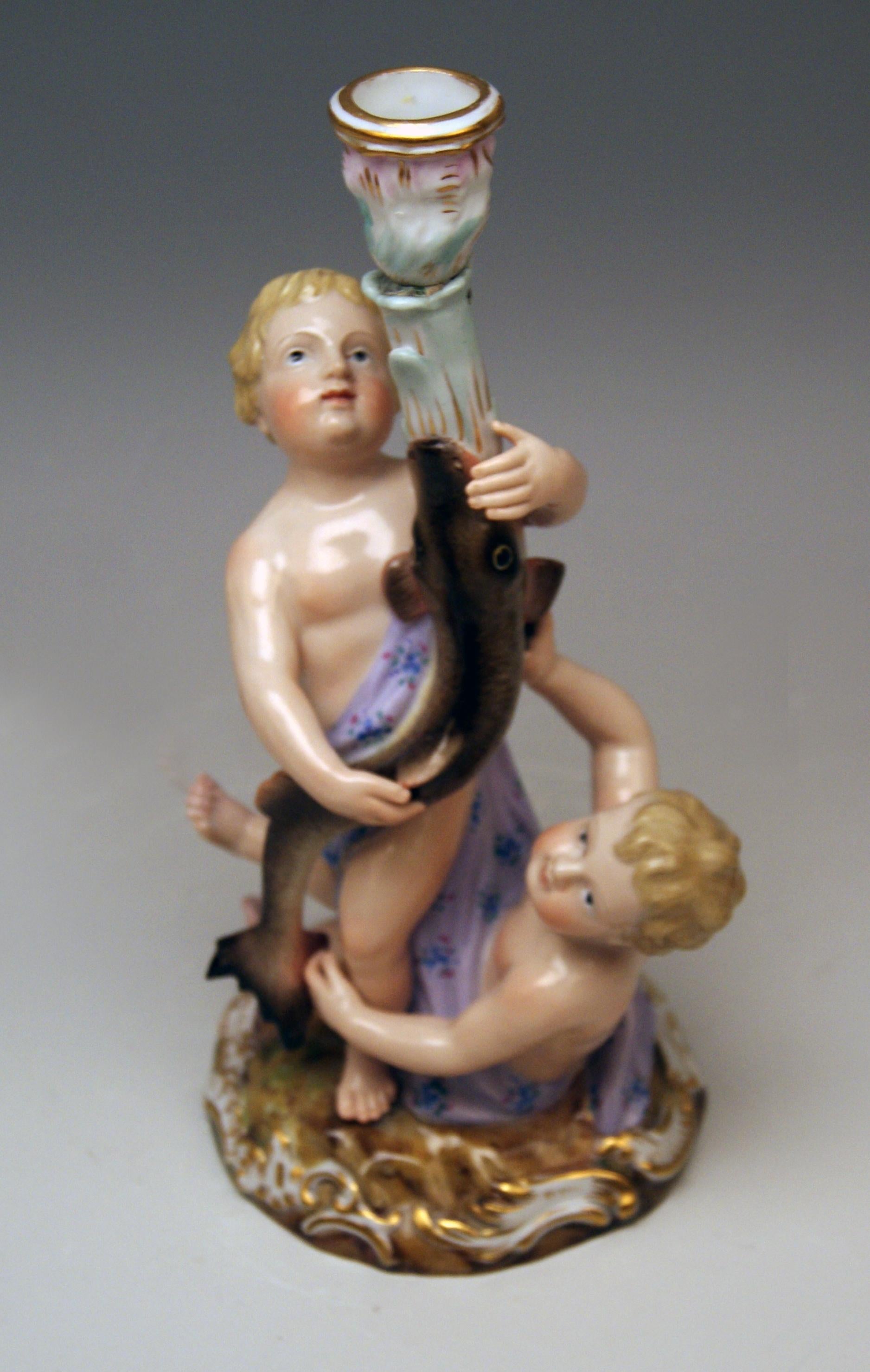 Meissen Pair of Candlesticks Cherubs Dolphins Kaendler Models 1145 1146 In Good Condition In Vienna, AT