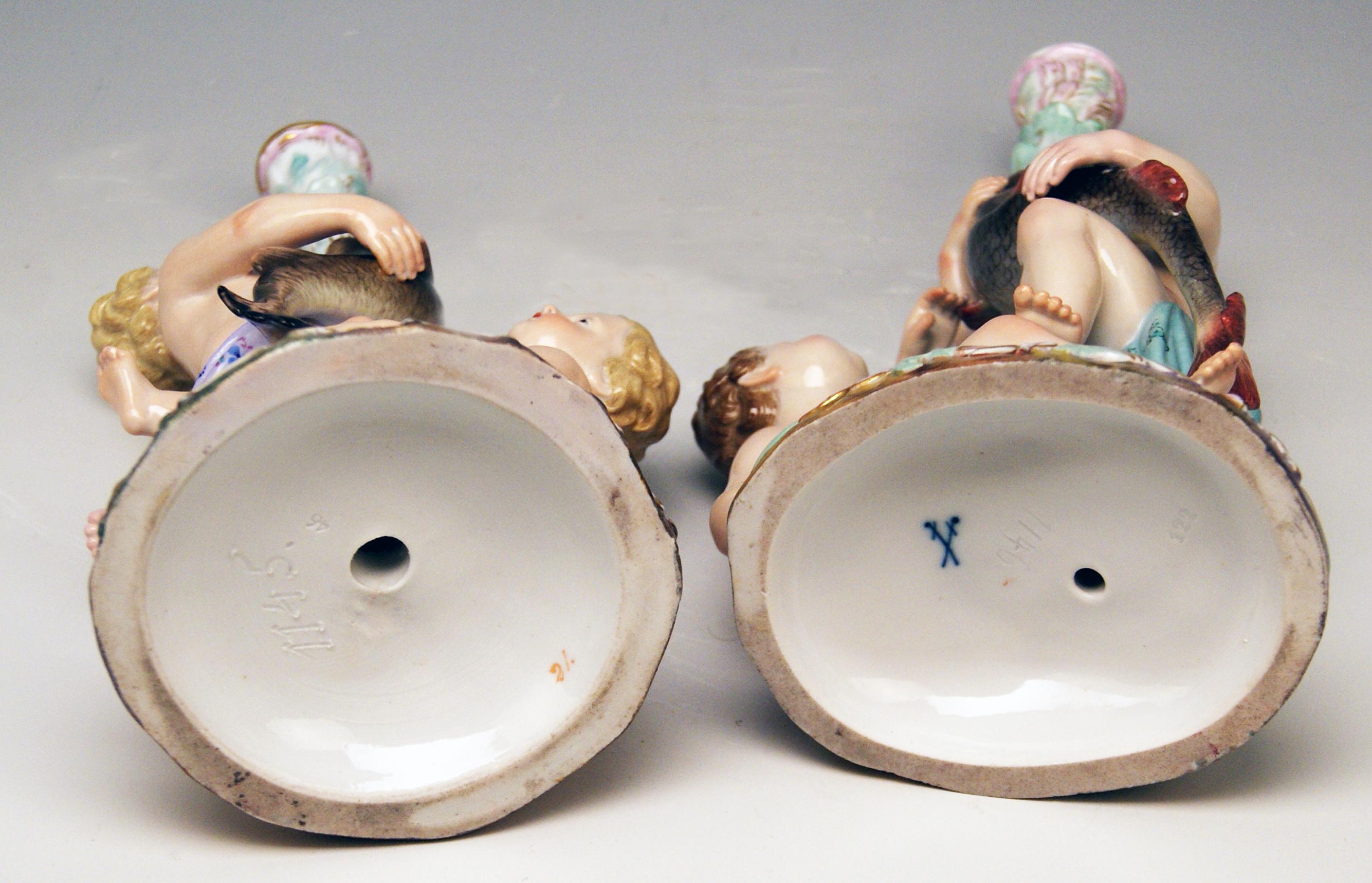 Porcelain Meissen Pair of Candlesticks Cherubs Dolphins Kaendler Models 1145 1146