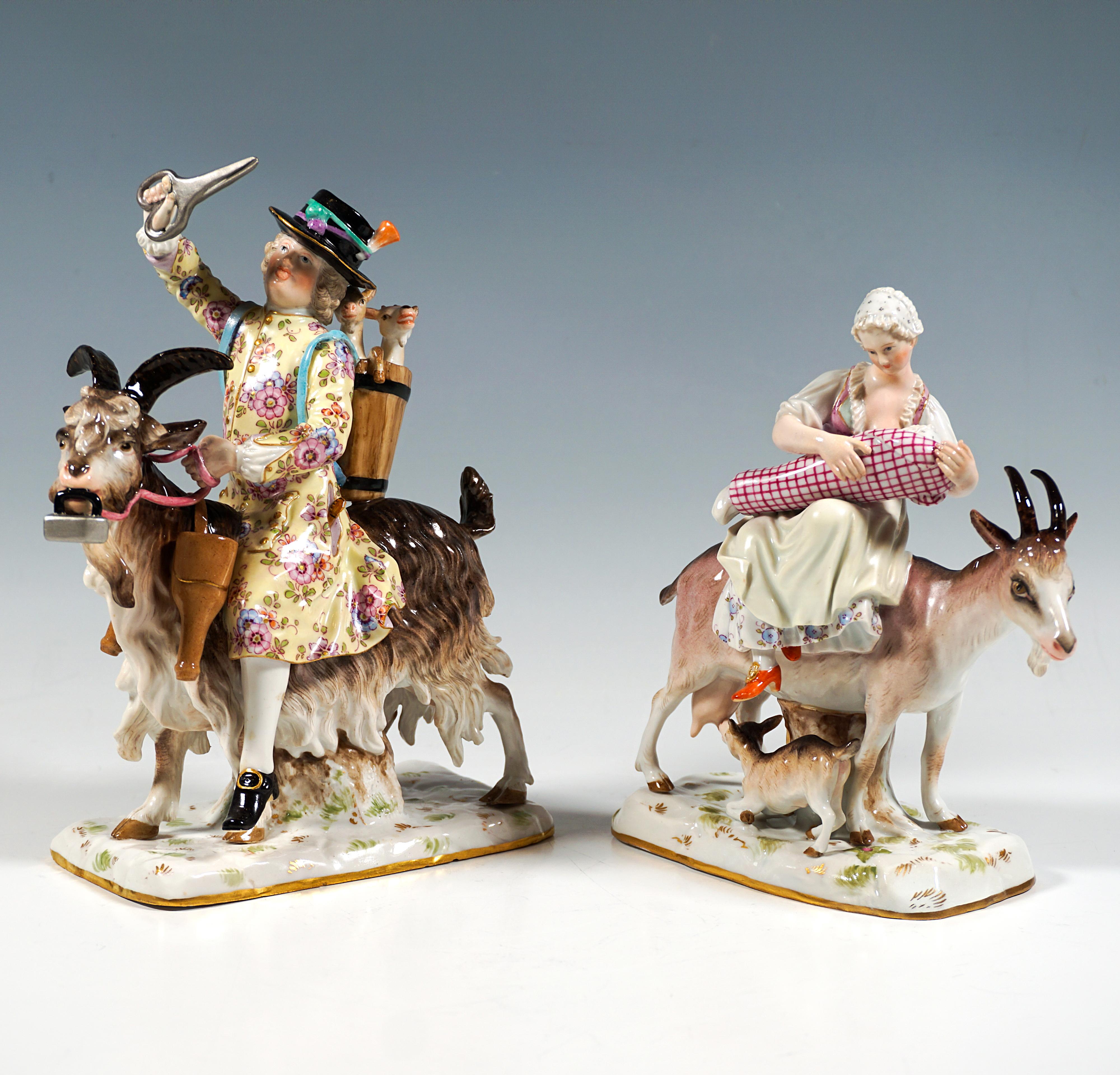 Barocco Coppia di gruppi di figurine di Meissen 'Sarto e moglie di sarto su capre', 1860 ca. 1860 in vendita