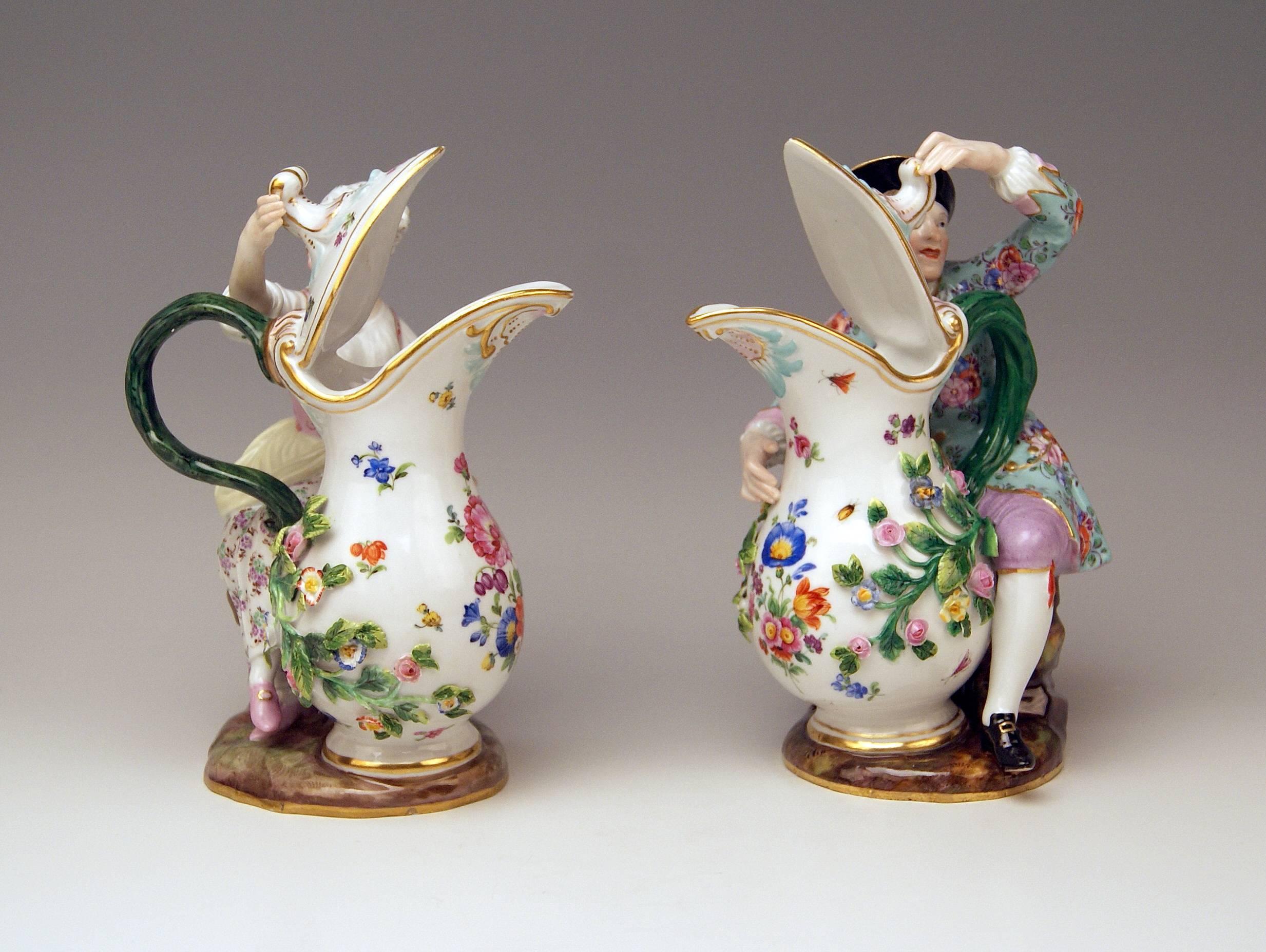 MEISSEN STUNNING PAIR OF FIGURINES OF VERY INTERESTING APPEARANCE:  PEASANT AND PEASANT WOMAN WITH JUG / PITCHER
MODELS 1234 & 907

MEASURES:
PEASANT WOMAN
height: 7.87 inches  (= 20.0 cm)
width:   5.31 inches  (= 13.5 cm)
depth:  3.54 inches  (= 