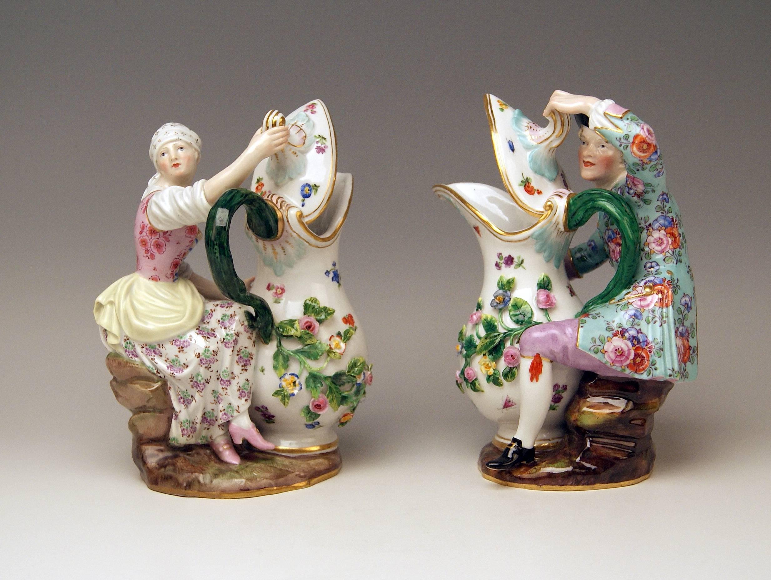 Allemand Paire de figurines de Meissen avec pichet à cruche par Eberlein Modèles 1234 907 fabriquées en 1850 en vente