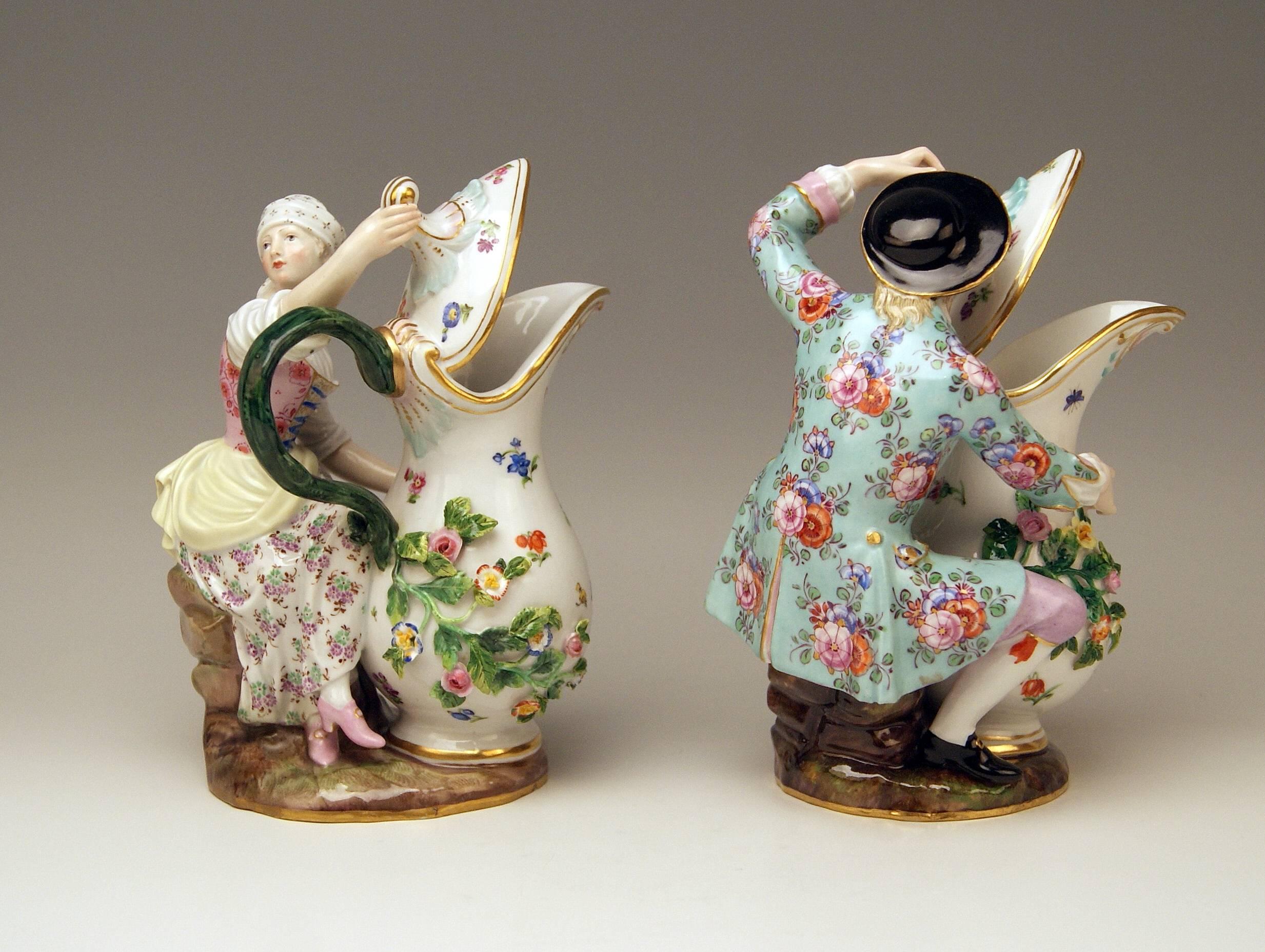 German Meissen Pair of Figurines with Jug Pitcher by Eberlein Models 1234 907 made 1850 For Sale