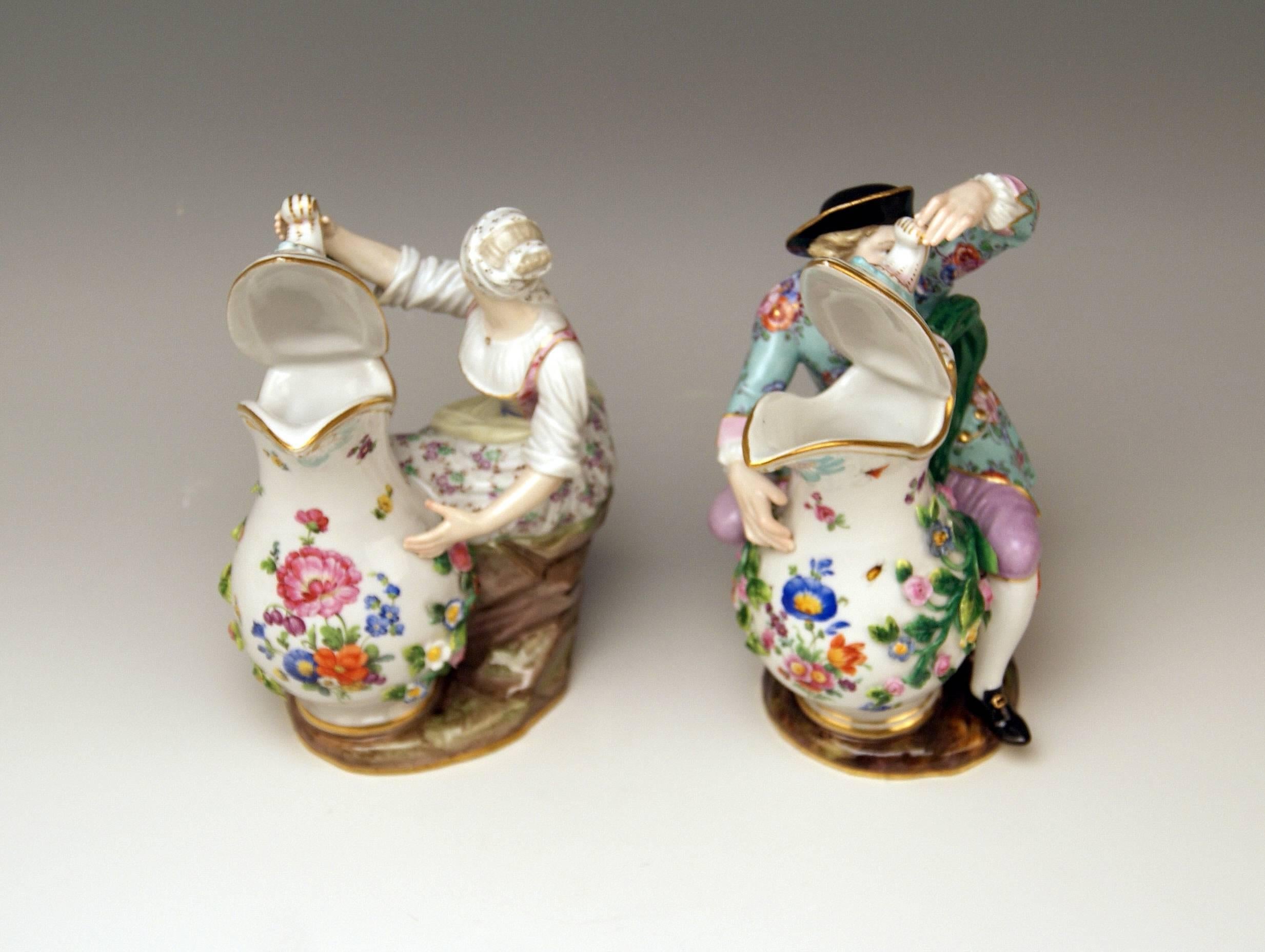 Painted Meissen Pair of Figurines with Jug Pitcher by Eberlein Models 1234 907 made 1850 For Sale