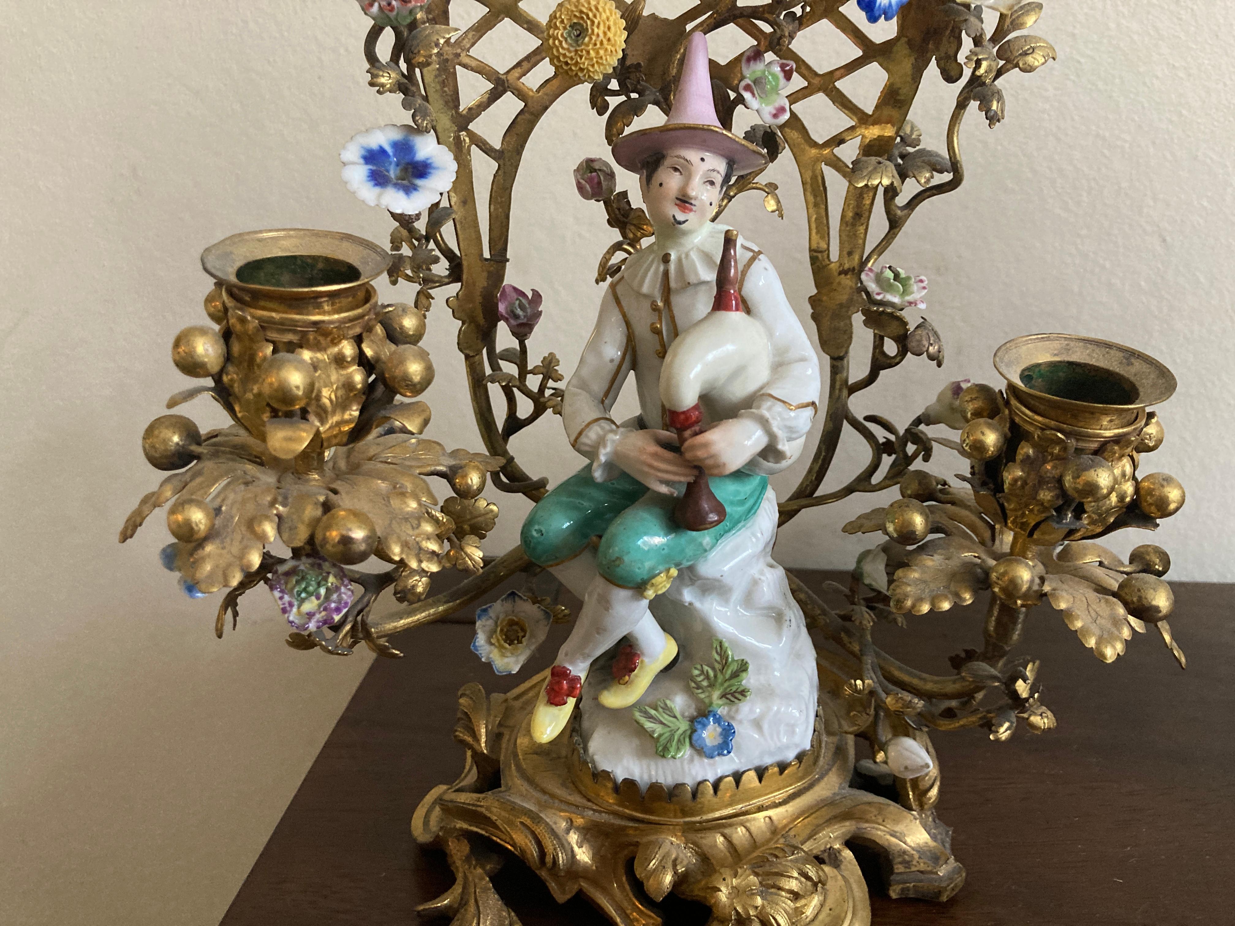 Rococo Meissen Pair of Musicians Seated in Ormolu Candelabra  For Sale