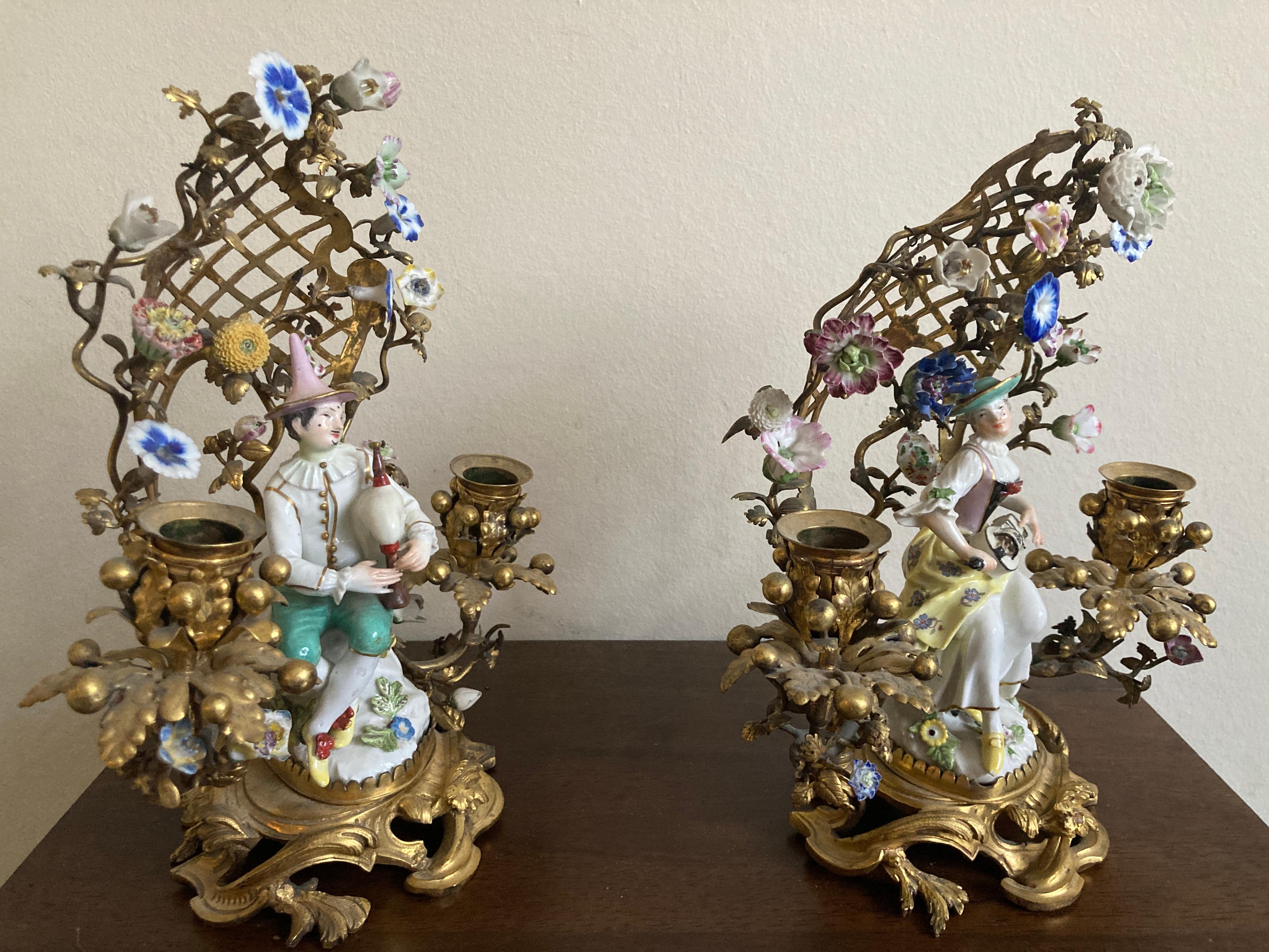 Hand-Crafted Meissen Pair of Musicians Seated in Ormolu Candelabra  For Sale