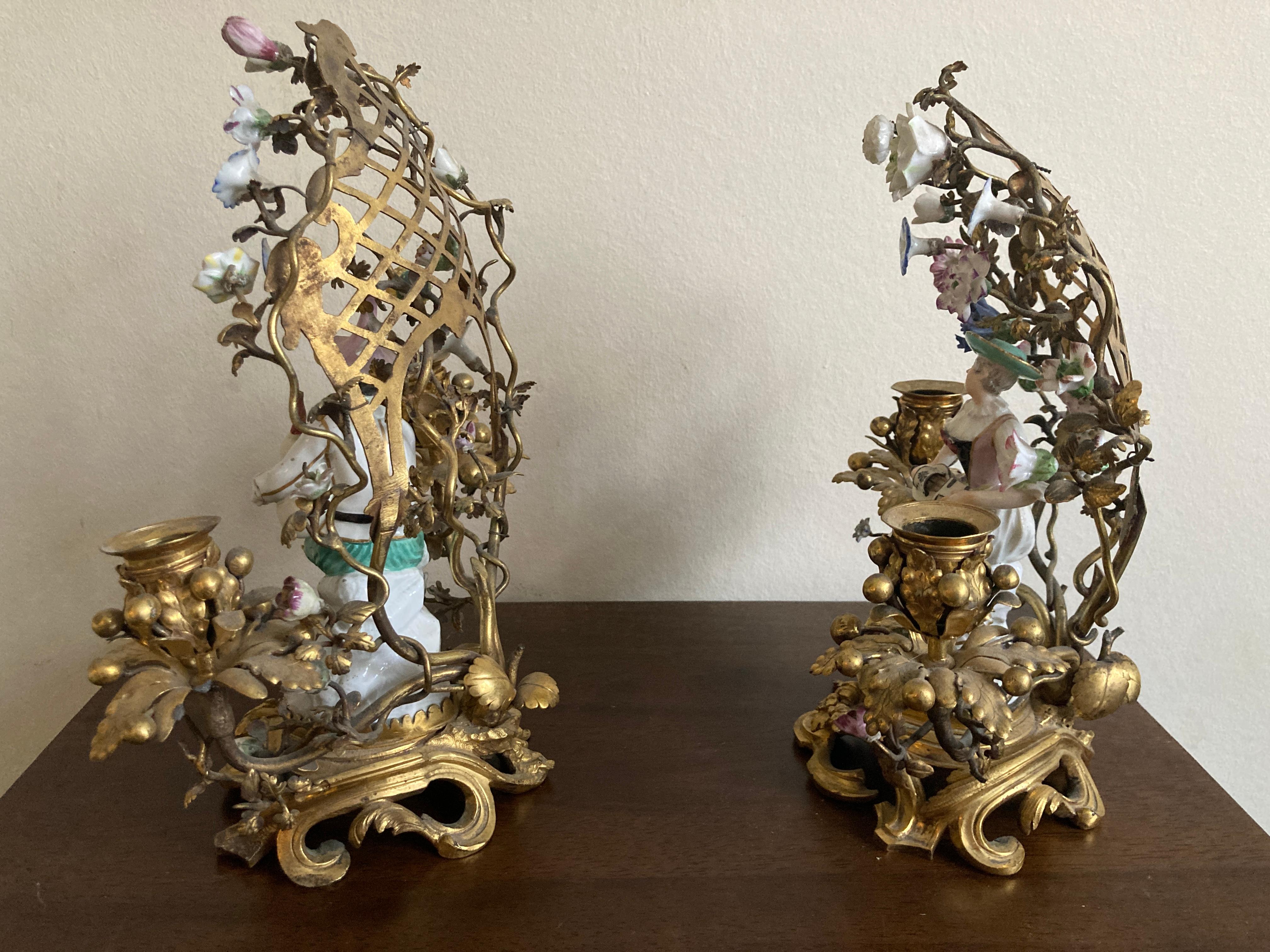 Porcelain Meissen Pair of Musicians Seated in Ormolu Candelabra  For Sale