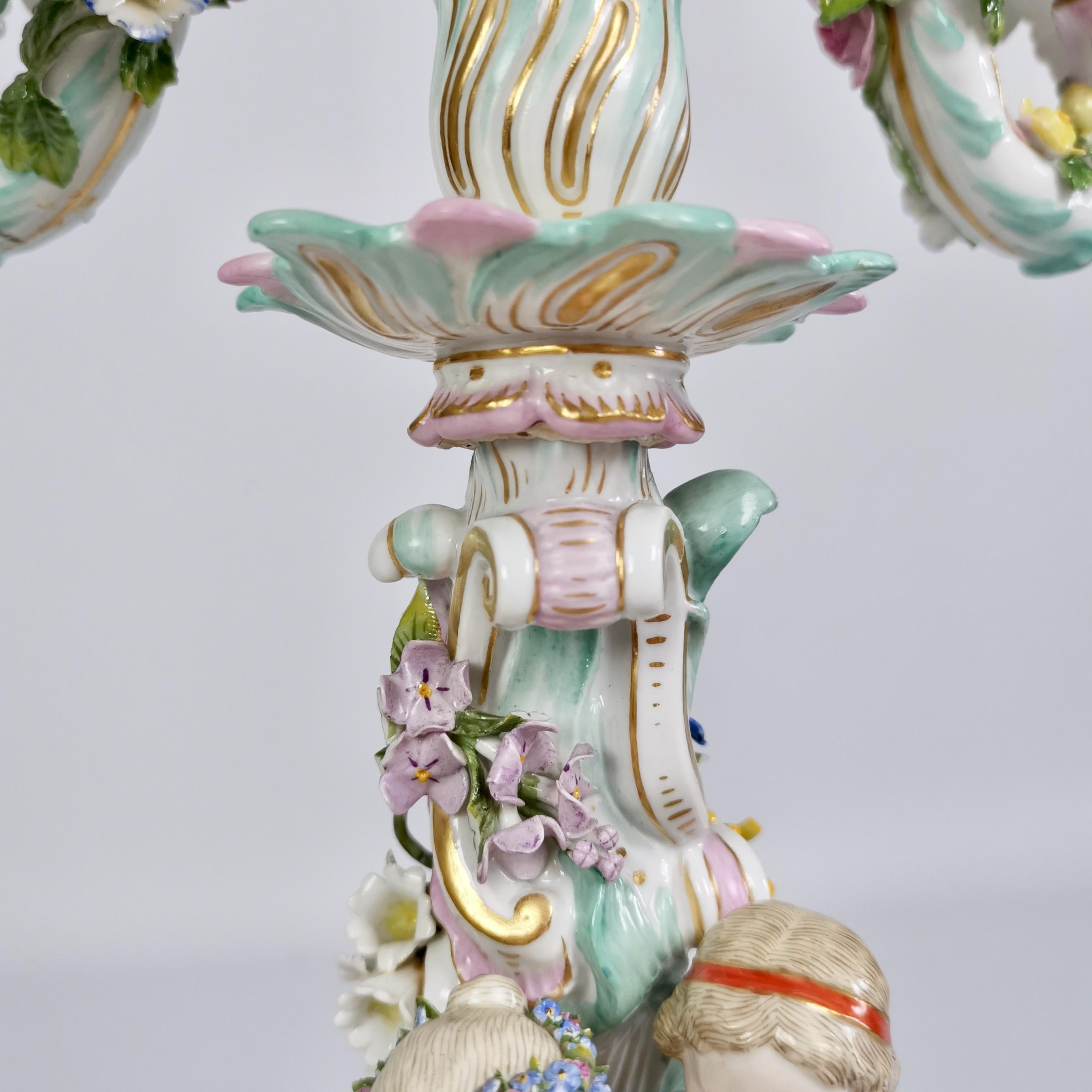 Meissen Pair of Porcelain Candelabra, Putti Four Seasons, Late 19th Century 5