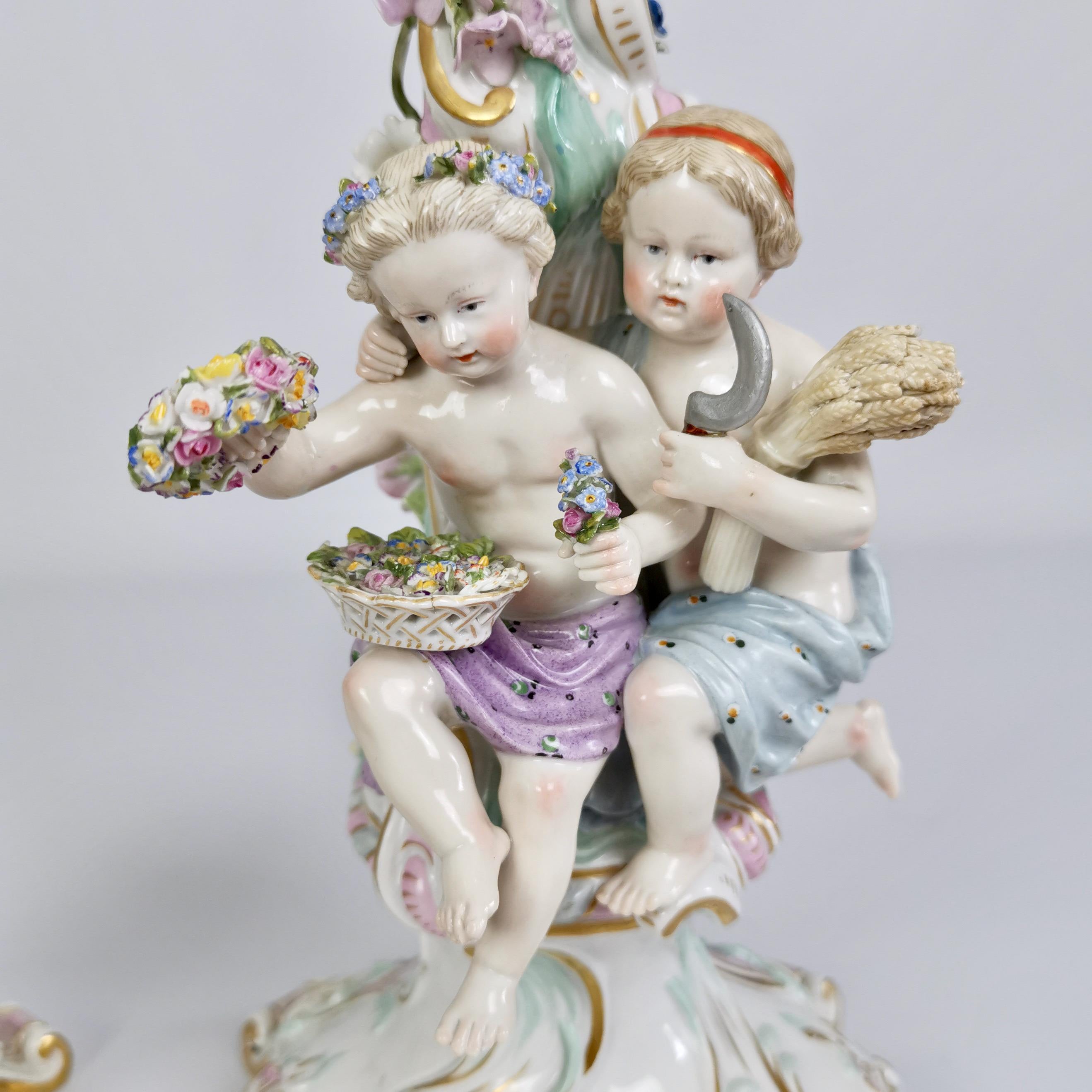 Rococo Meissen Pair of Porcelain Candelabra, Putti Four Seasons, Late 19th Century