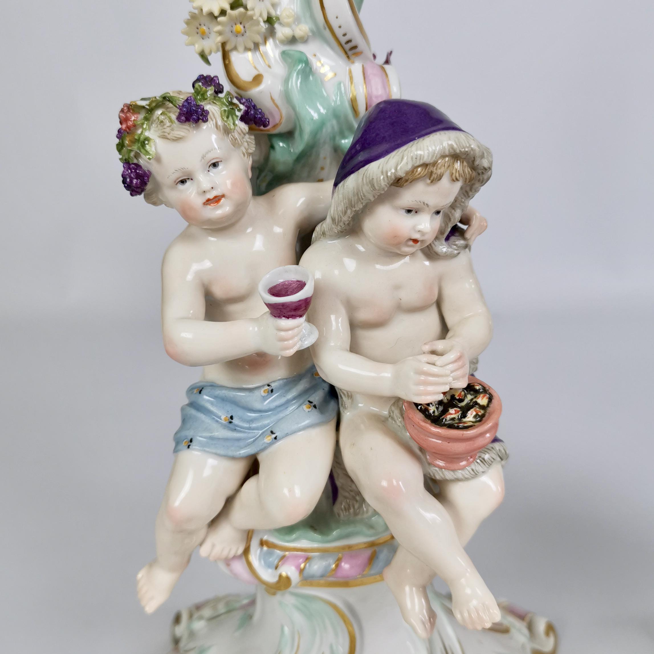 German Meissen Pair of Porcelain Candelabra, Putti Four Seasons, Late 19th Century