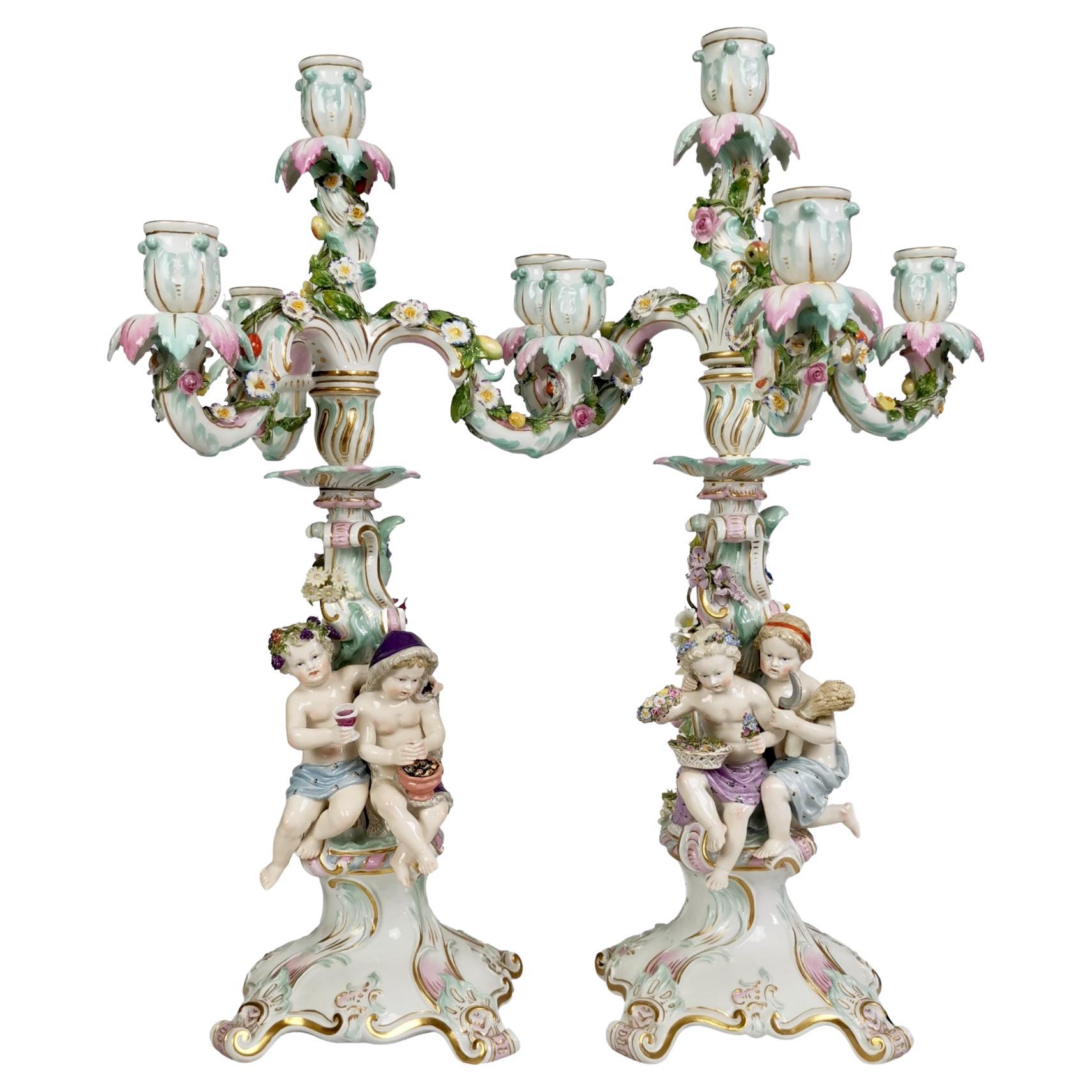 Meissen Pair of Porcelain Candelabra, Putti Four Seasons, Late 19th Century