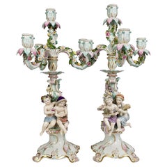 Meissen Pair of Porcelain Candelabra, Putti Four Seasons, Late 19th Century