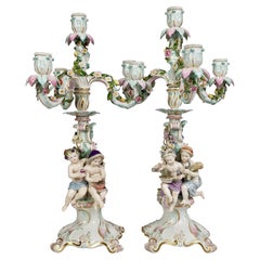 Antique Meissen Pair of Porcelain Candelabra, Putti Four Seasons, Late 19th Century