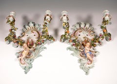 Meissen Pair of Sconces with Cupids and Flower Decoration, by Kaendler, ca. 1860
