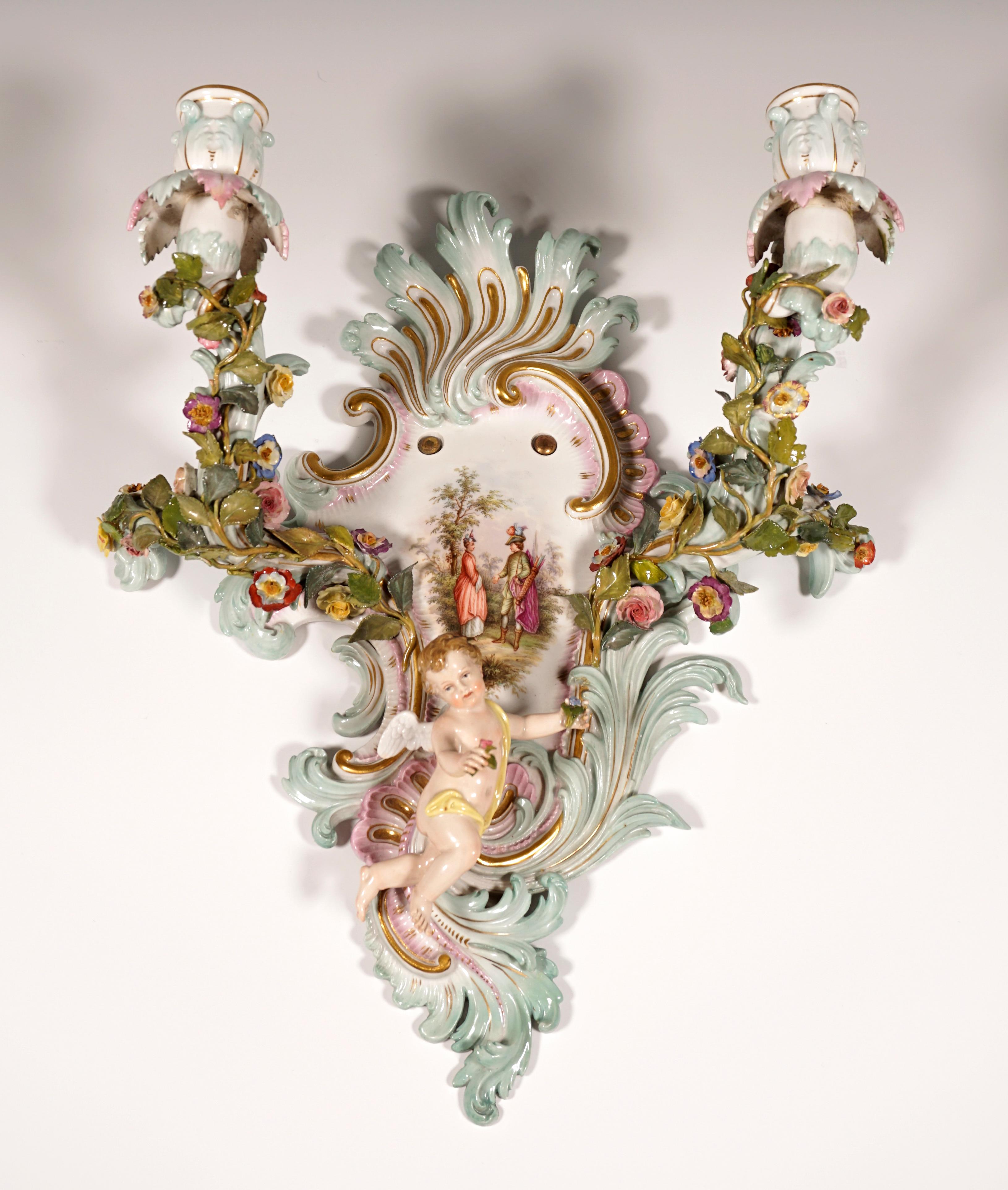 Baroque Meissen Pair of Sconces with Cupids and Flower Decoration, by Kaendler, ca. 1860